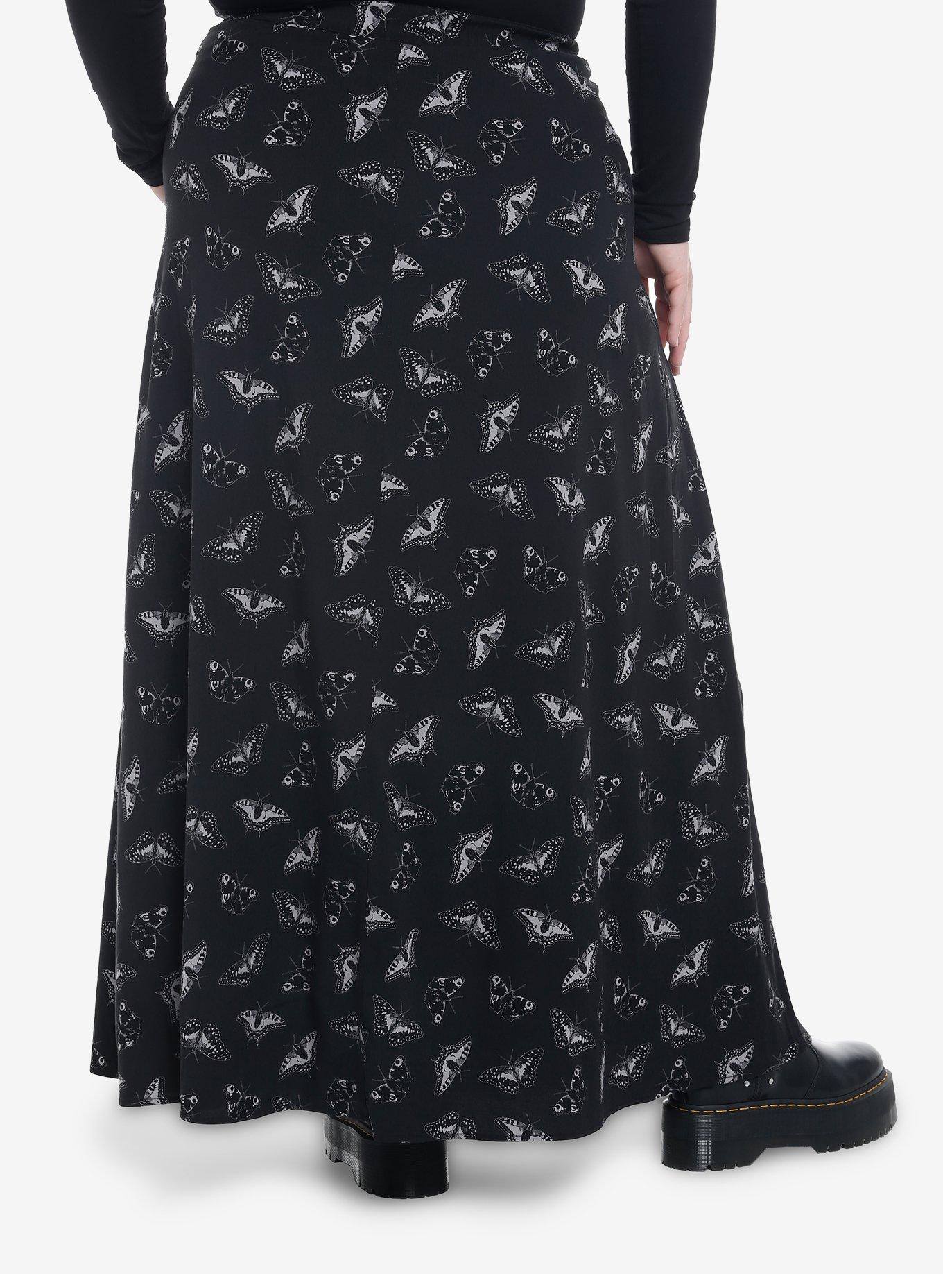 Black Moth Button Front Maxi Skirt Plus Size, BLACK, alternate