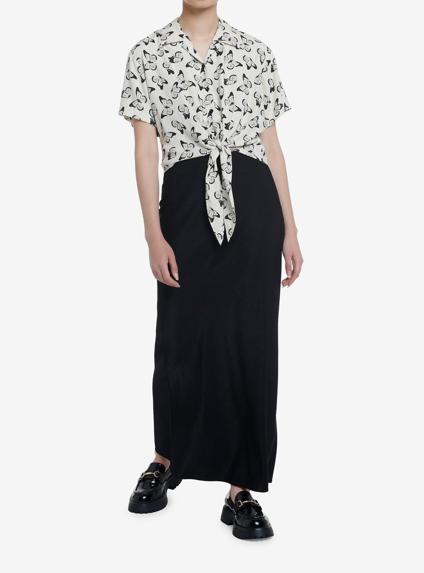 Ivory Butterflies Tie-Front Girls Woven Button-Up, IVORY, alternate