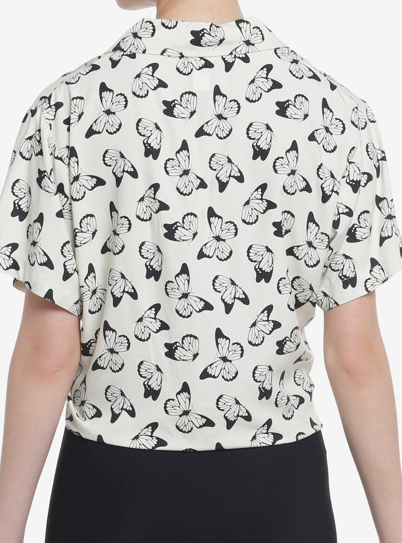 Ivory Butterflies Tie-Front Girls Woven Button-Up, IVORY, alternate