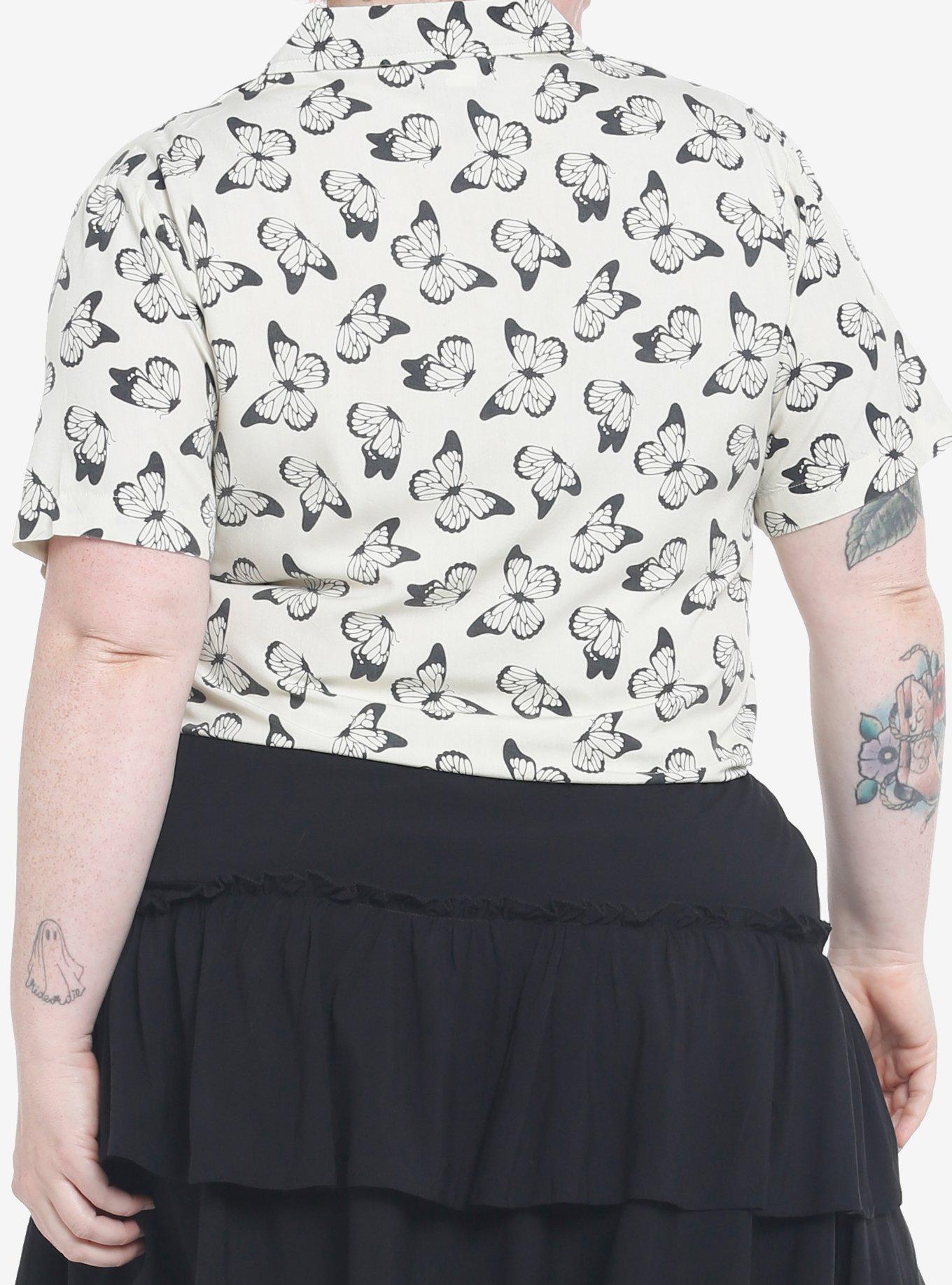 Ivory Butterflies Tie-Front Girls Woven Button-Up Plus Size, IVORY, alternate