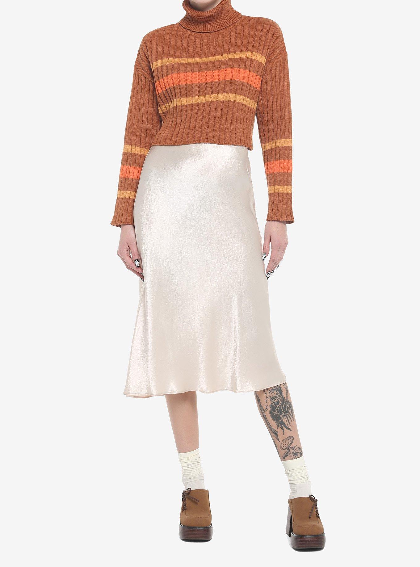 Brown Rugby Stripe Crop Girls Turtleneck Sweater, MULTI, alternate