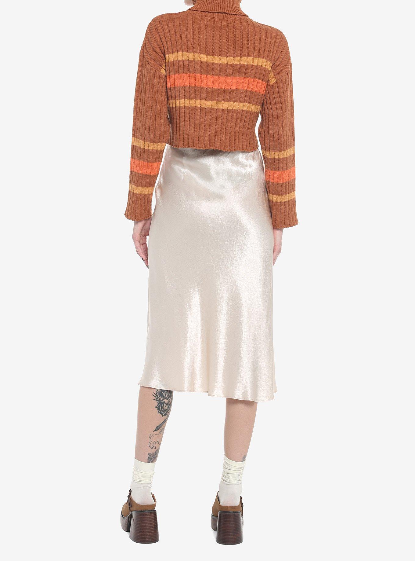 Brown Rugby Stripe Crop Girls Turtleneck Sweater, MULTI, alternate