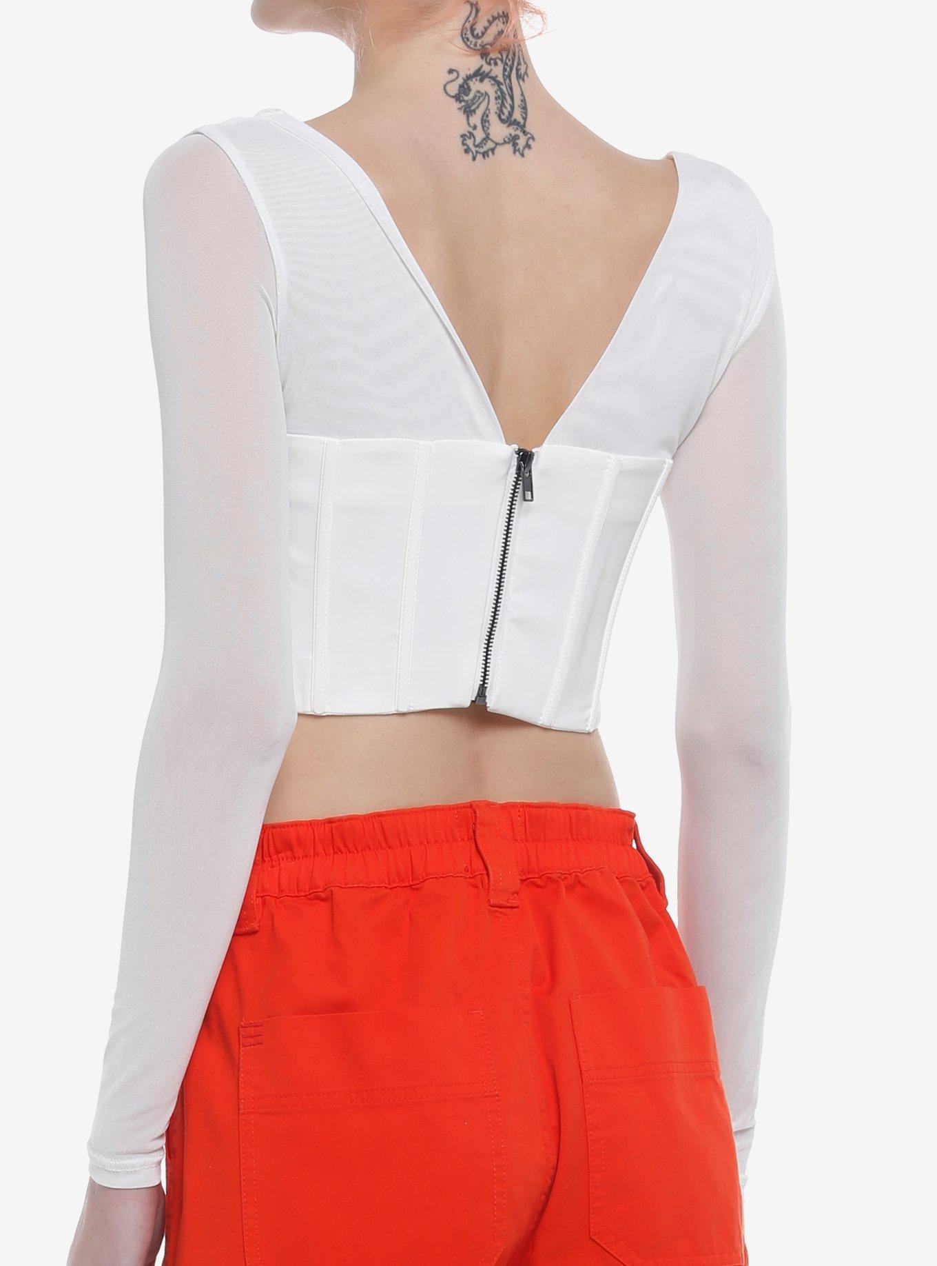 Ivory Mesh Corset Girls Crop Long-Sleeve Top, IVORY, alternate