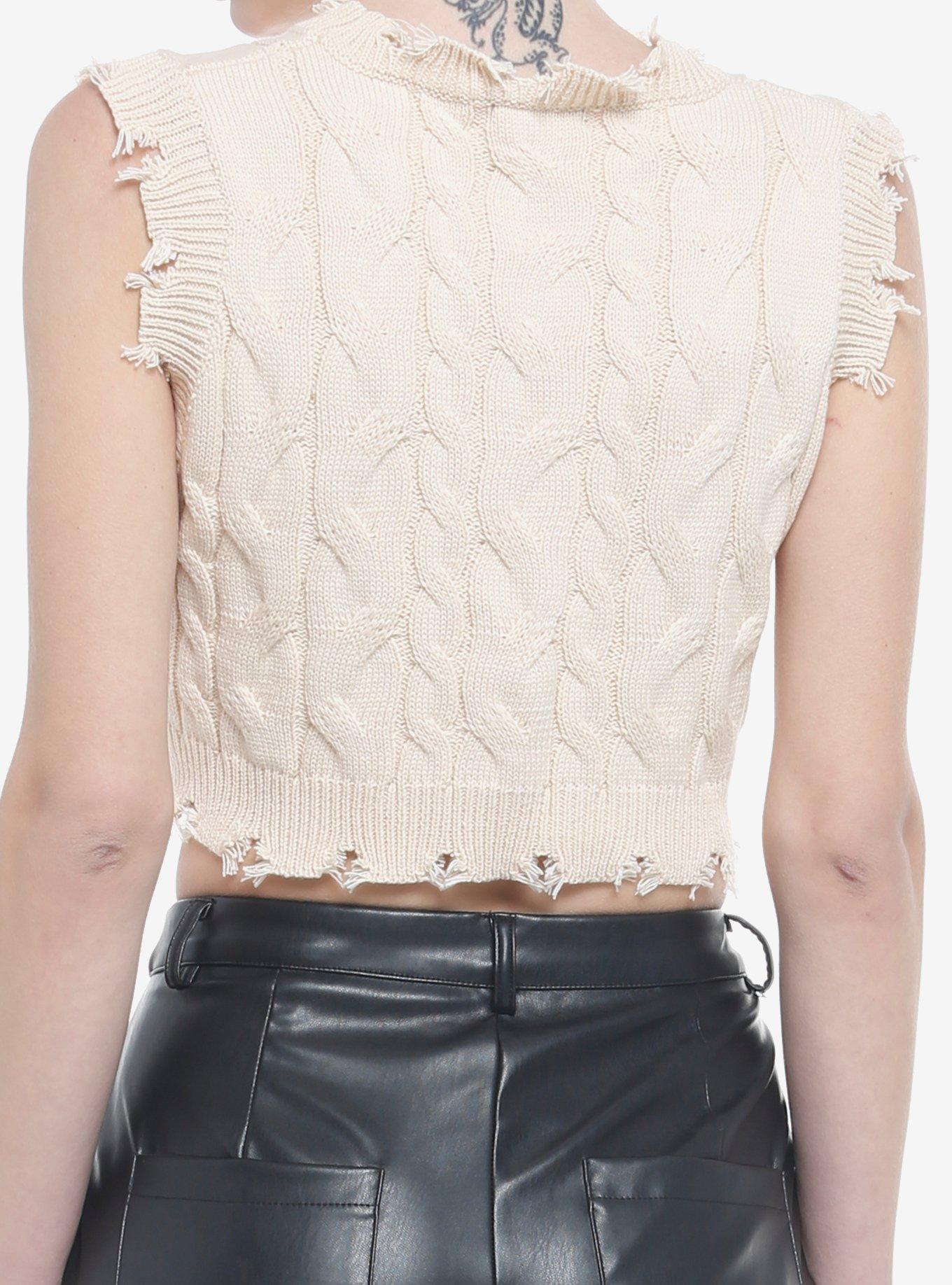 Distressed Cream Cable Knit Girls Crop Vest, IVORY, alternate