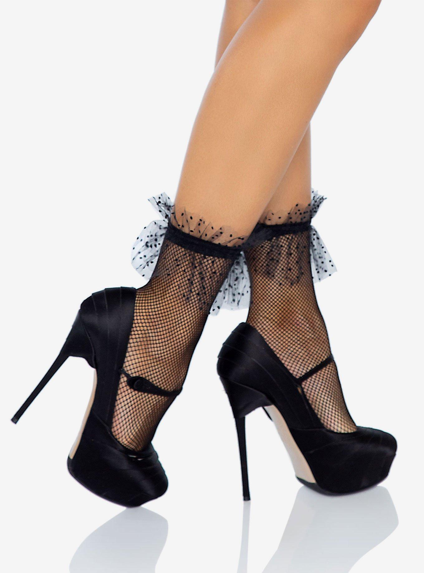 Micro Net Ankle Socks with Dotted Tulle Ruffle, , hi-res