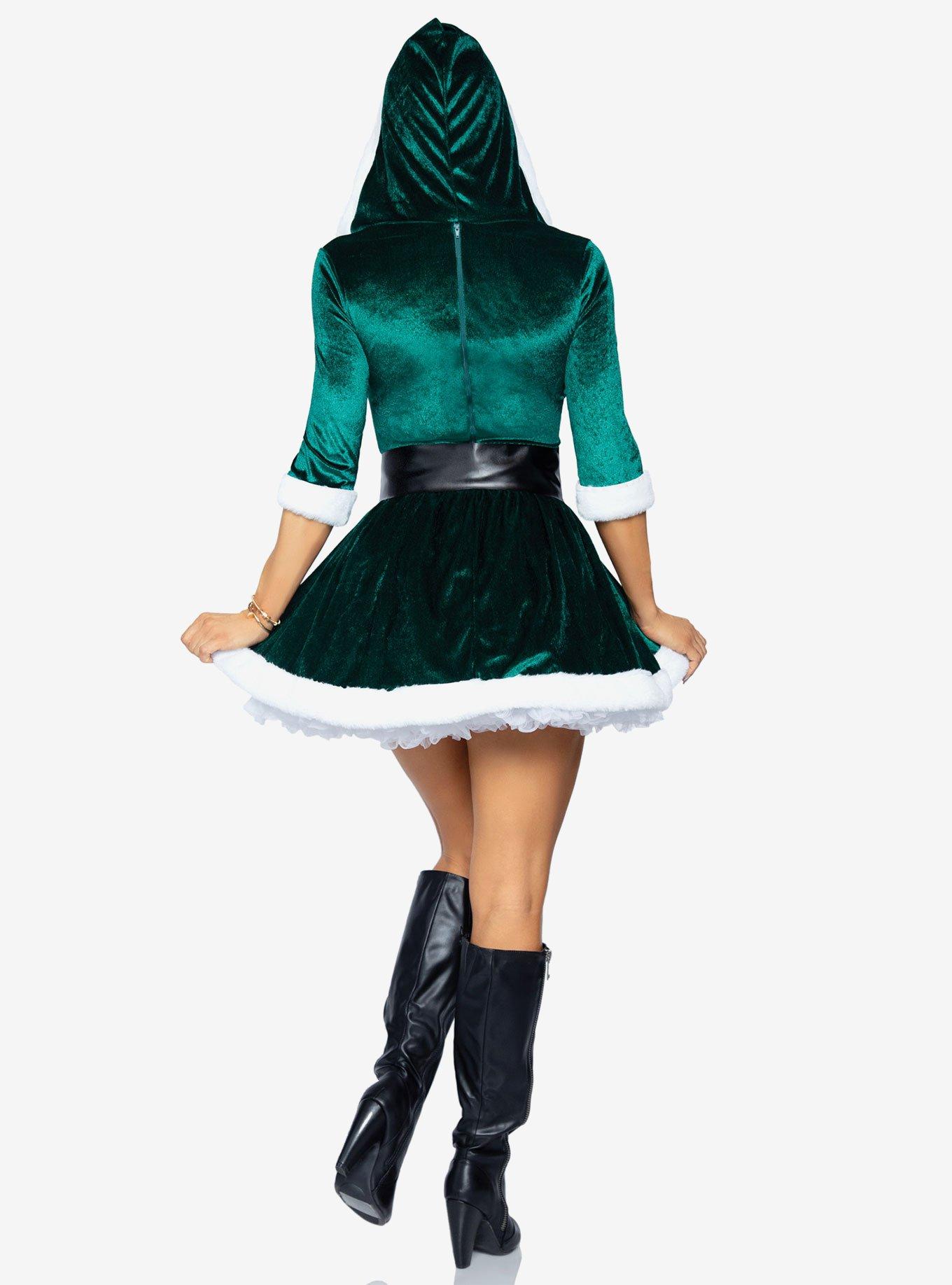 Mrs. Claus Costume Velvet Hooded Dress with Belt Green, GREEN, alternate