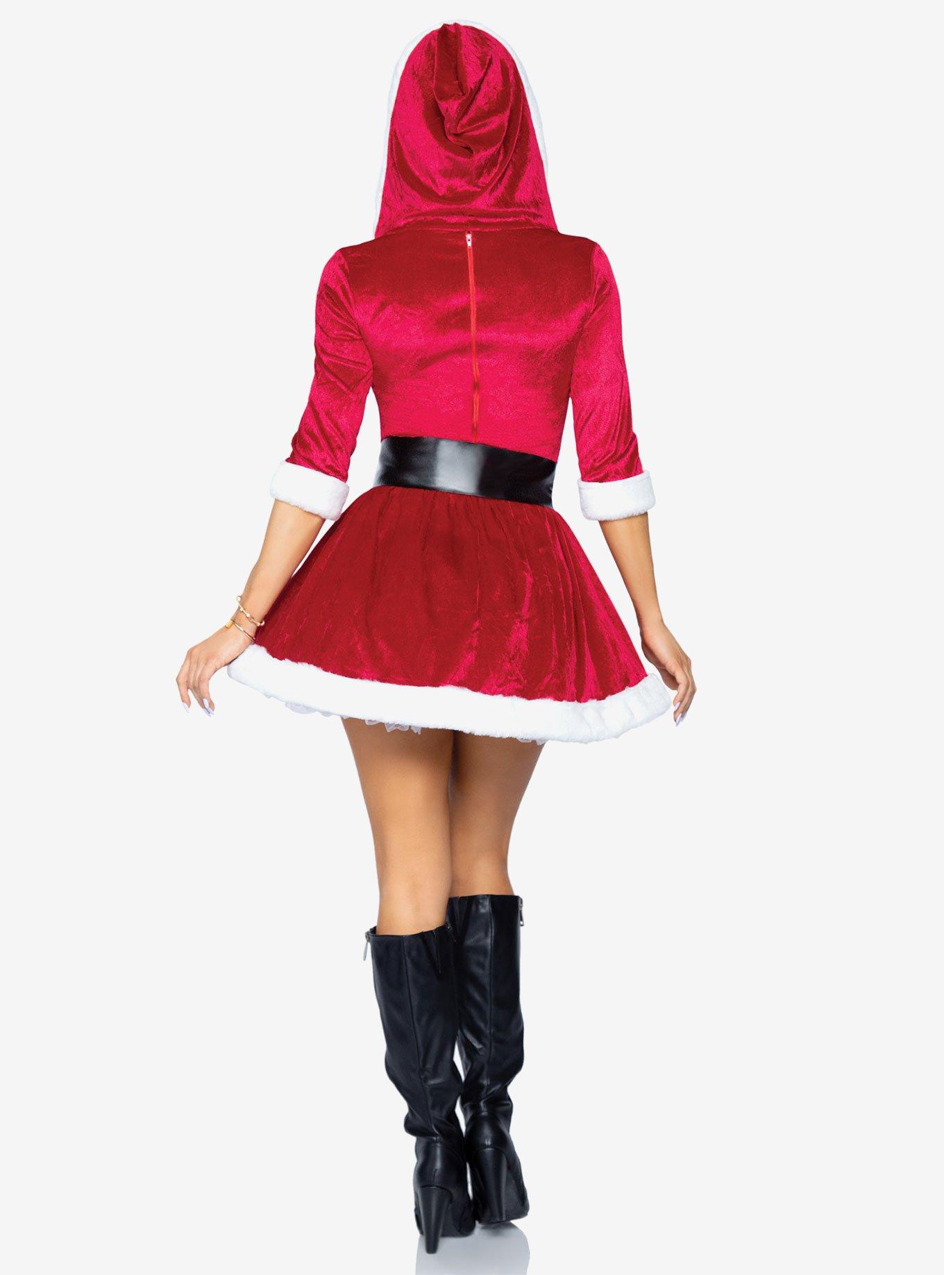 Mrs. Claus Costume Velvet Hooded Dress with Belt Red, RED, alternate