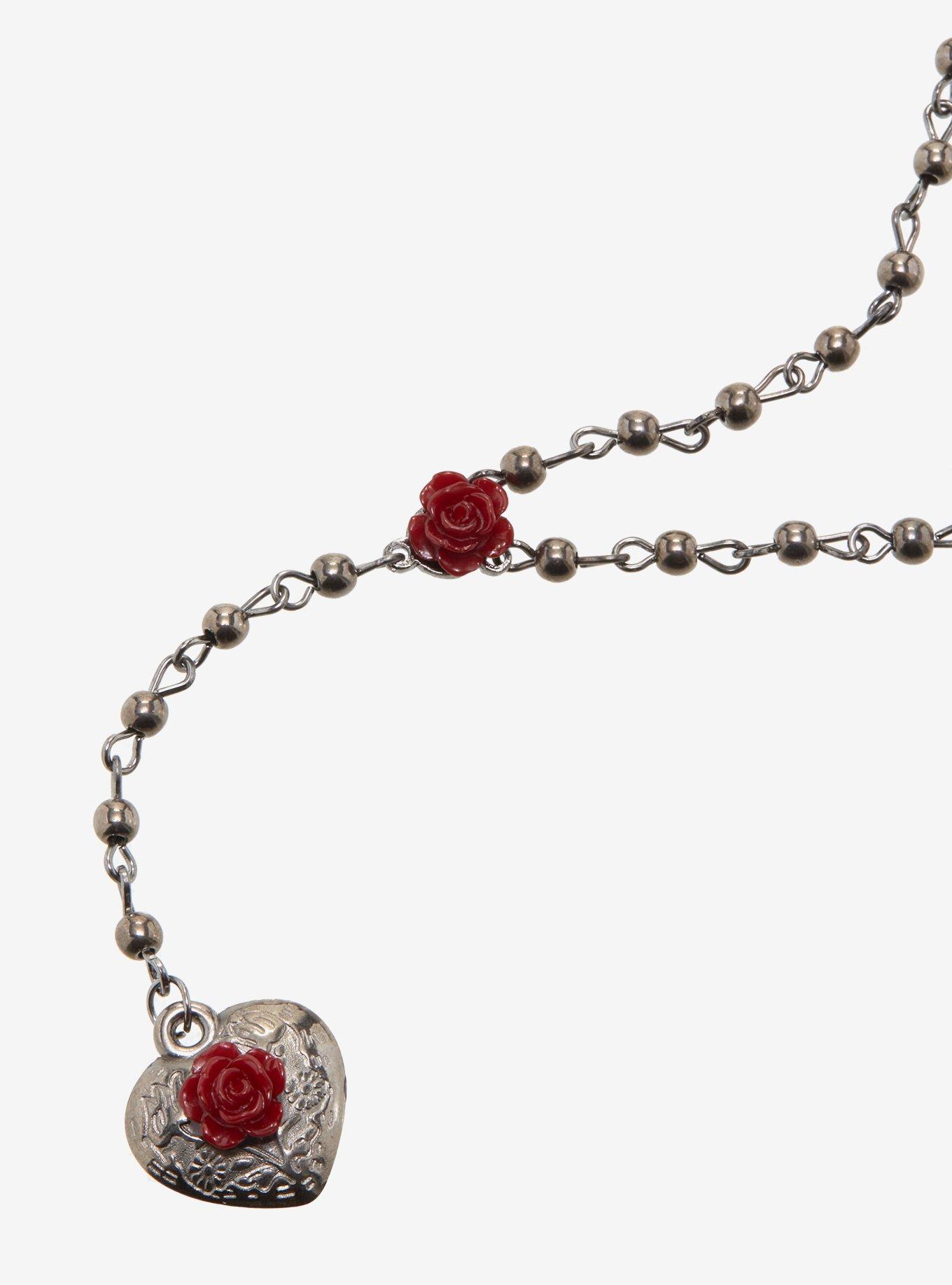 Red Rose Heart Locket Rosary Necklace, , alternate