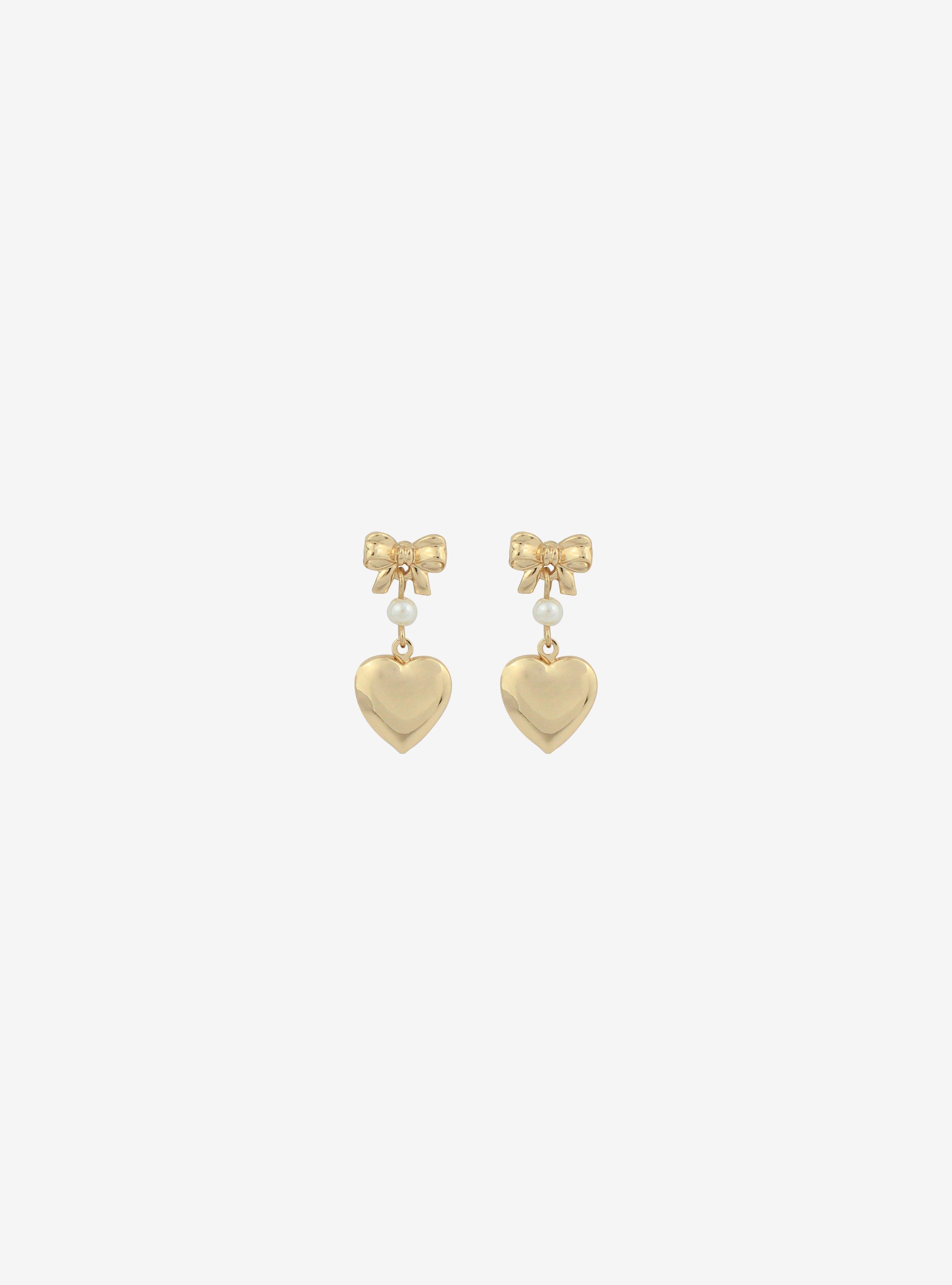 Gold Bow Heart Drop Earrings, , alternate