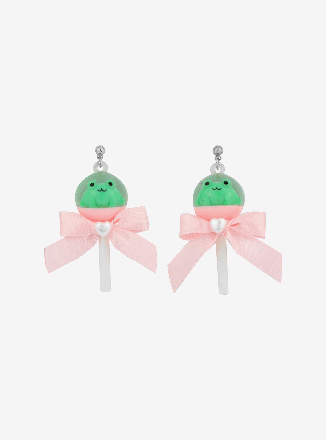 Kawaii Frog Lollipop Bow Earrings, , alternate