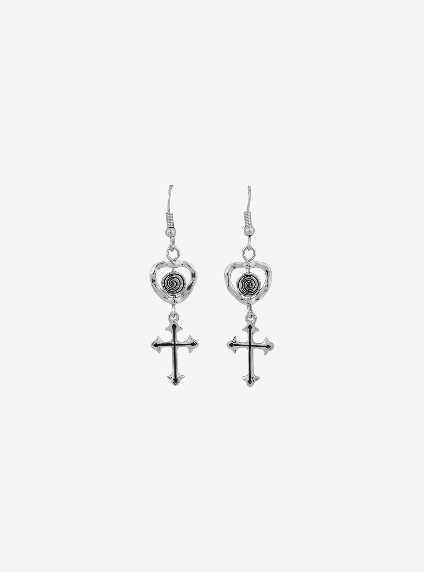 Swirl Heart Cross Earrings, , alternate