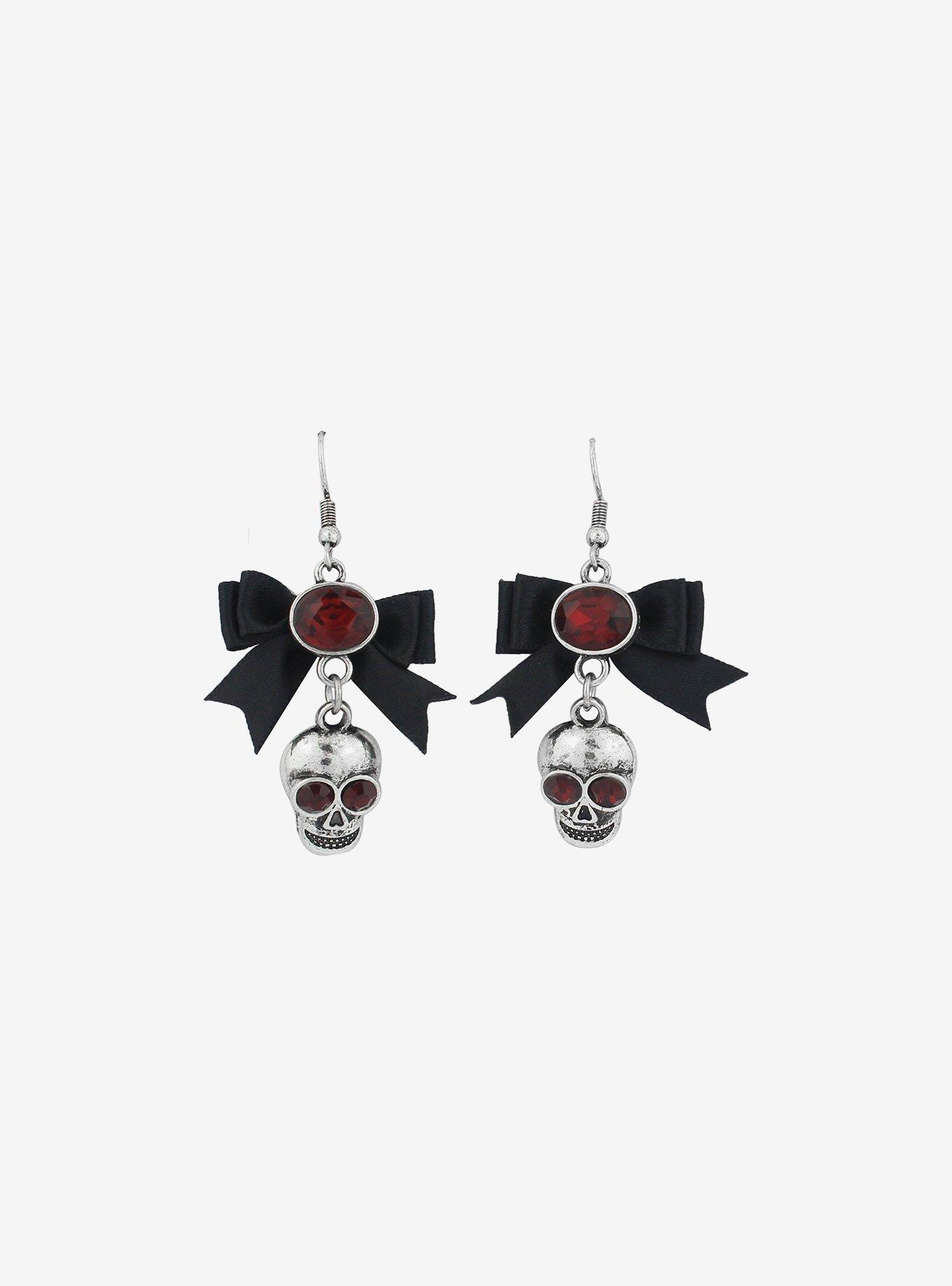 Red Gem Skull Bow Earrings, , alternate