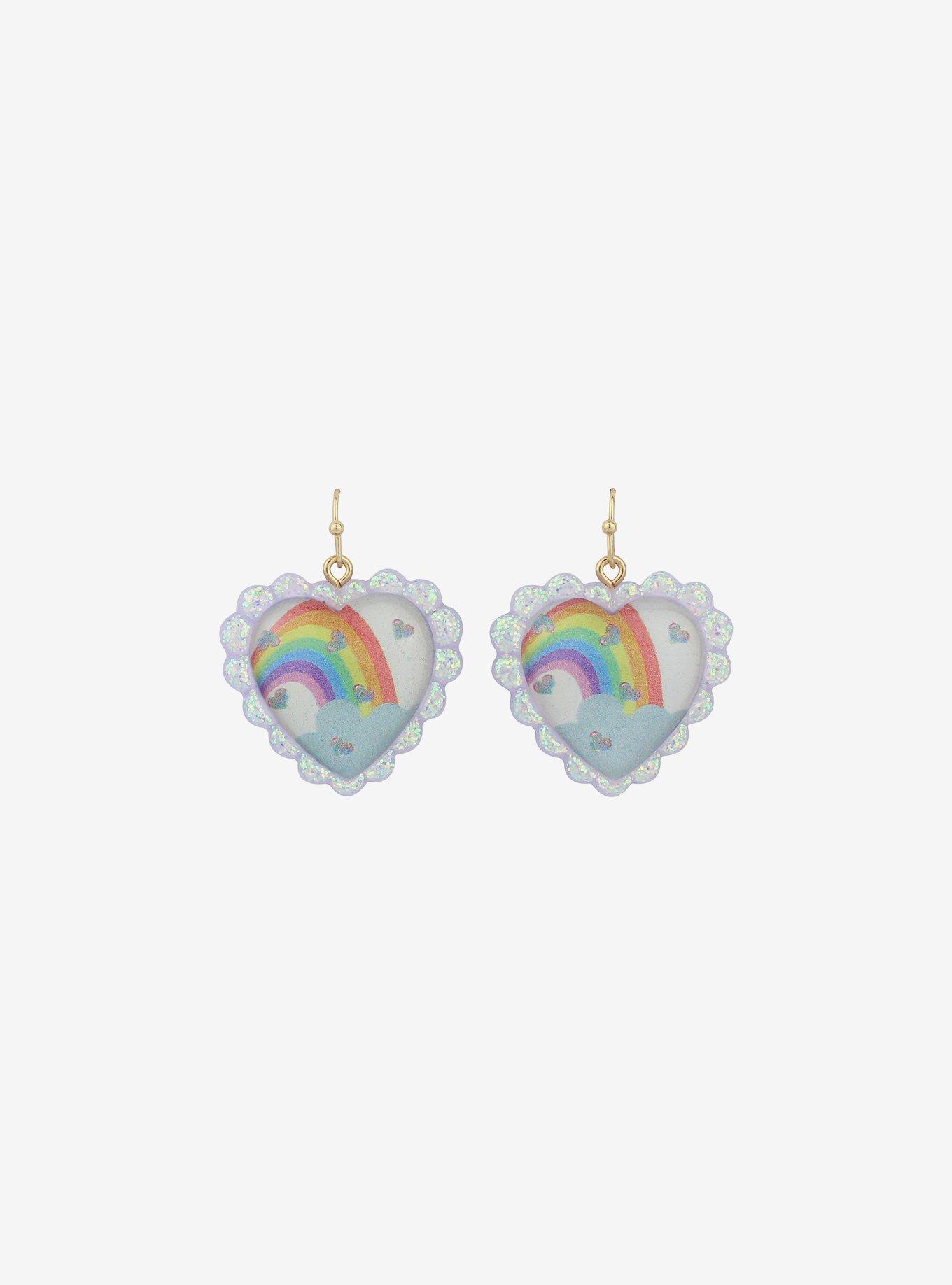 Rainbow Glitter Heart Earrings, , alternate