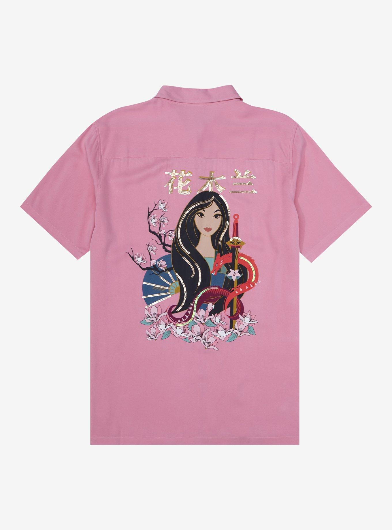 Disney Mulan Traditional Portrait Woven Women's Plus Size Button-Up - BoxLunch Exclusive, PINK, alternate