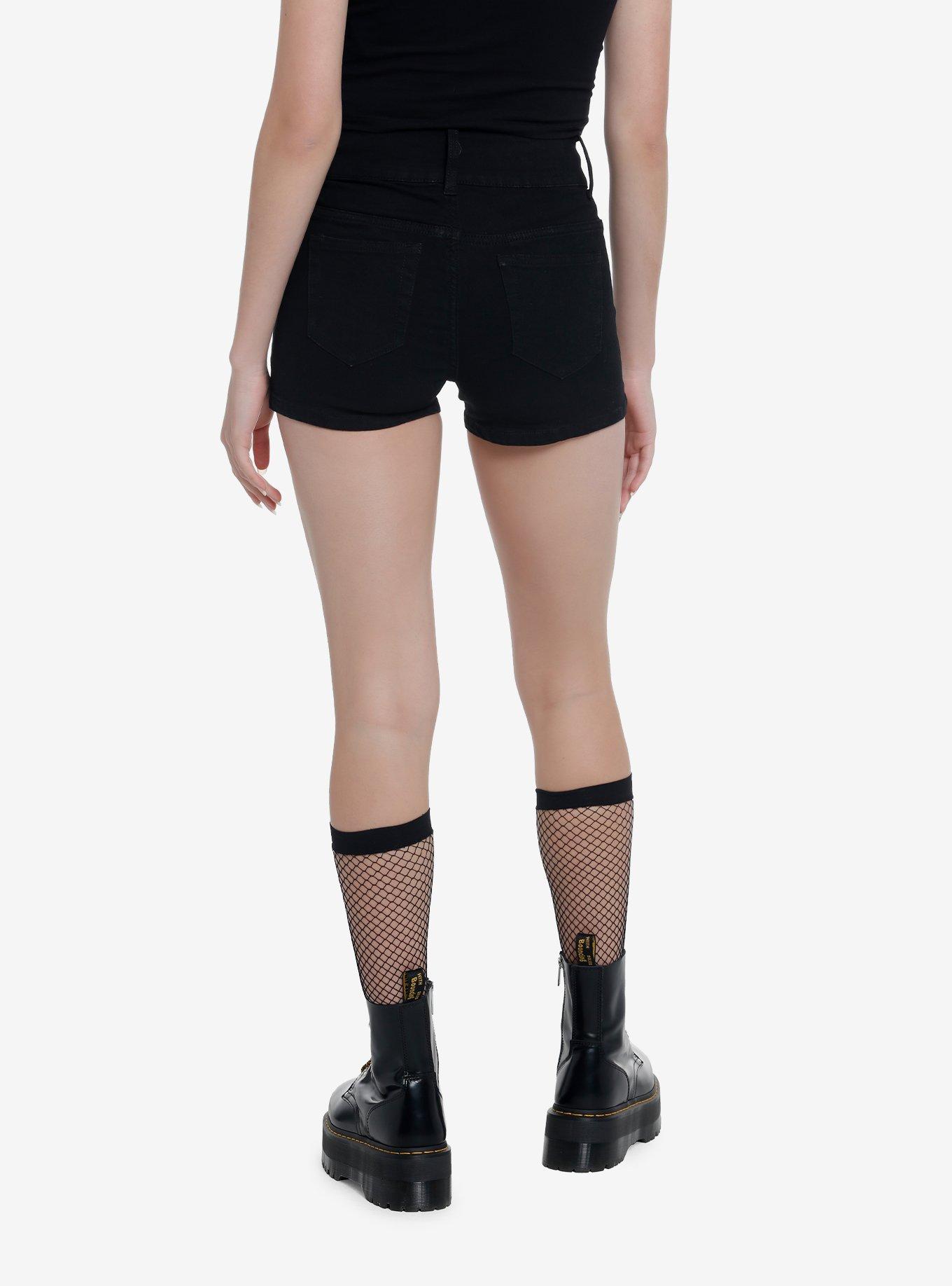Black Buckle Grommet Super Skinny Shorts, BLACK, alternate