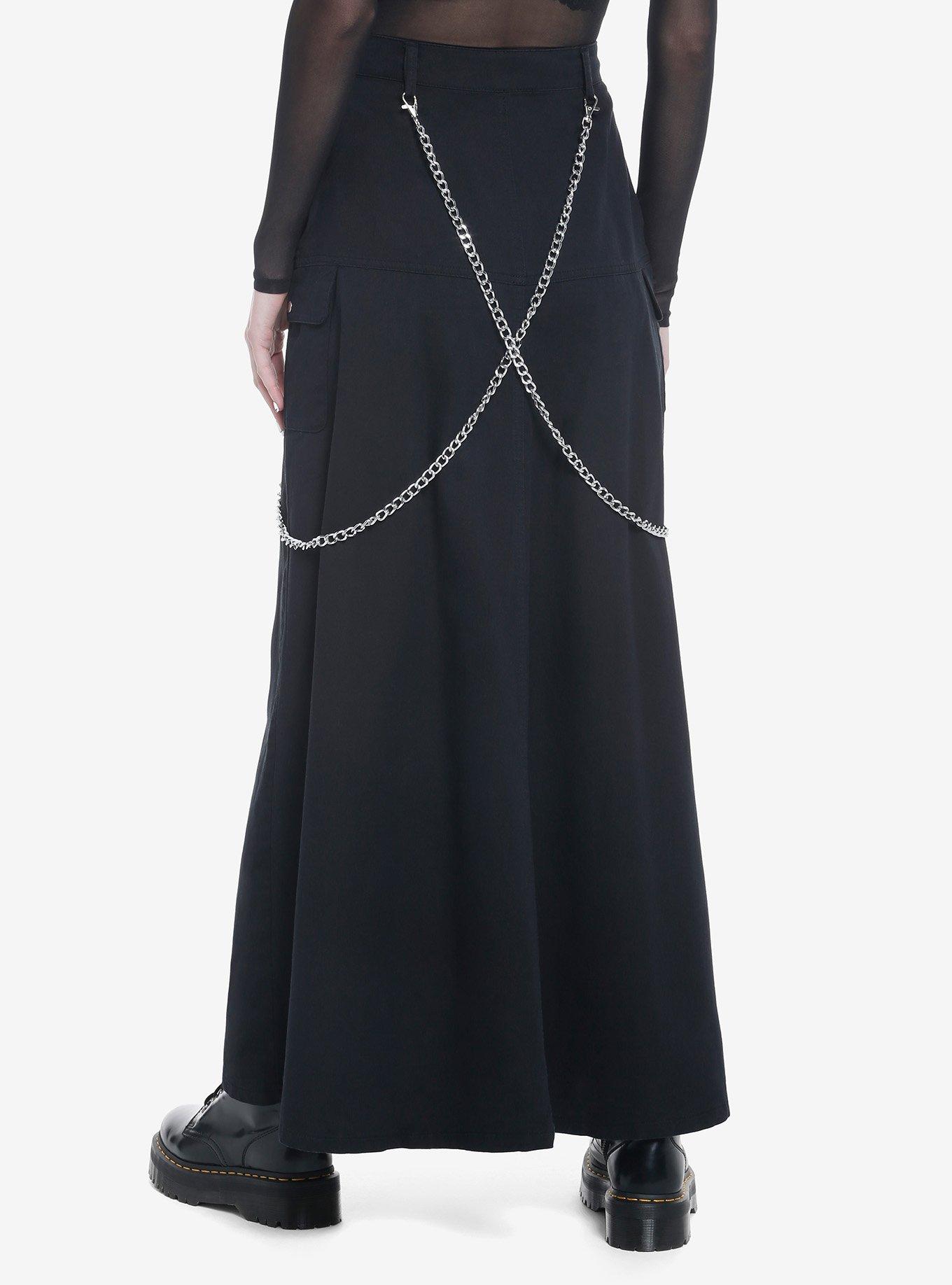 Chain Suspender Zipper Maxi Skirt, BLACK, alternate