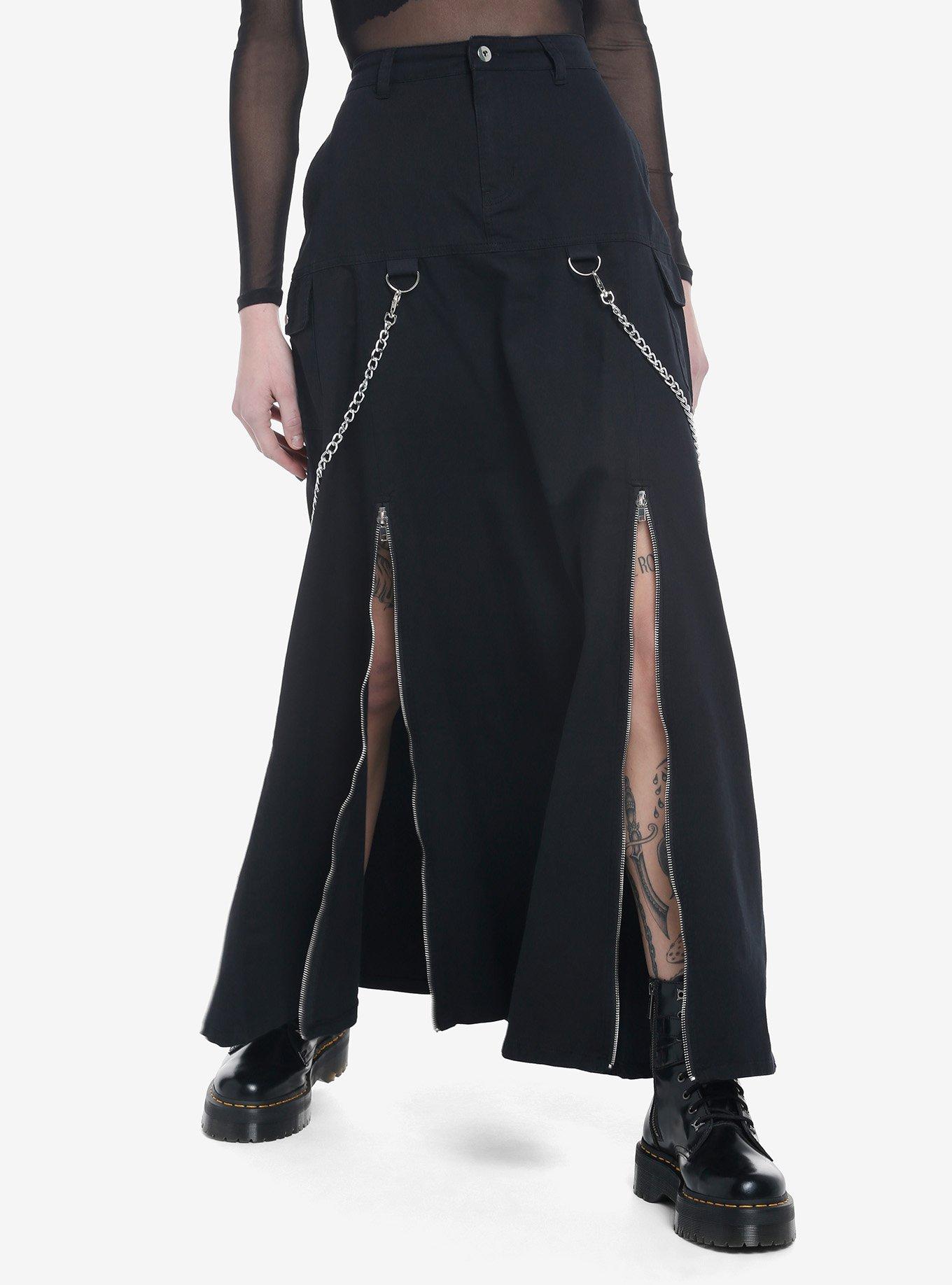 Chain Suspender Zipper Maxi Skirt, BLACK, alternate