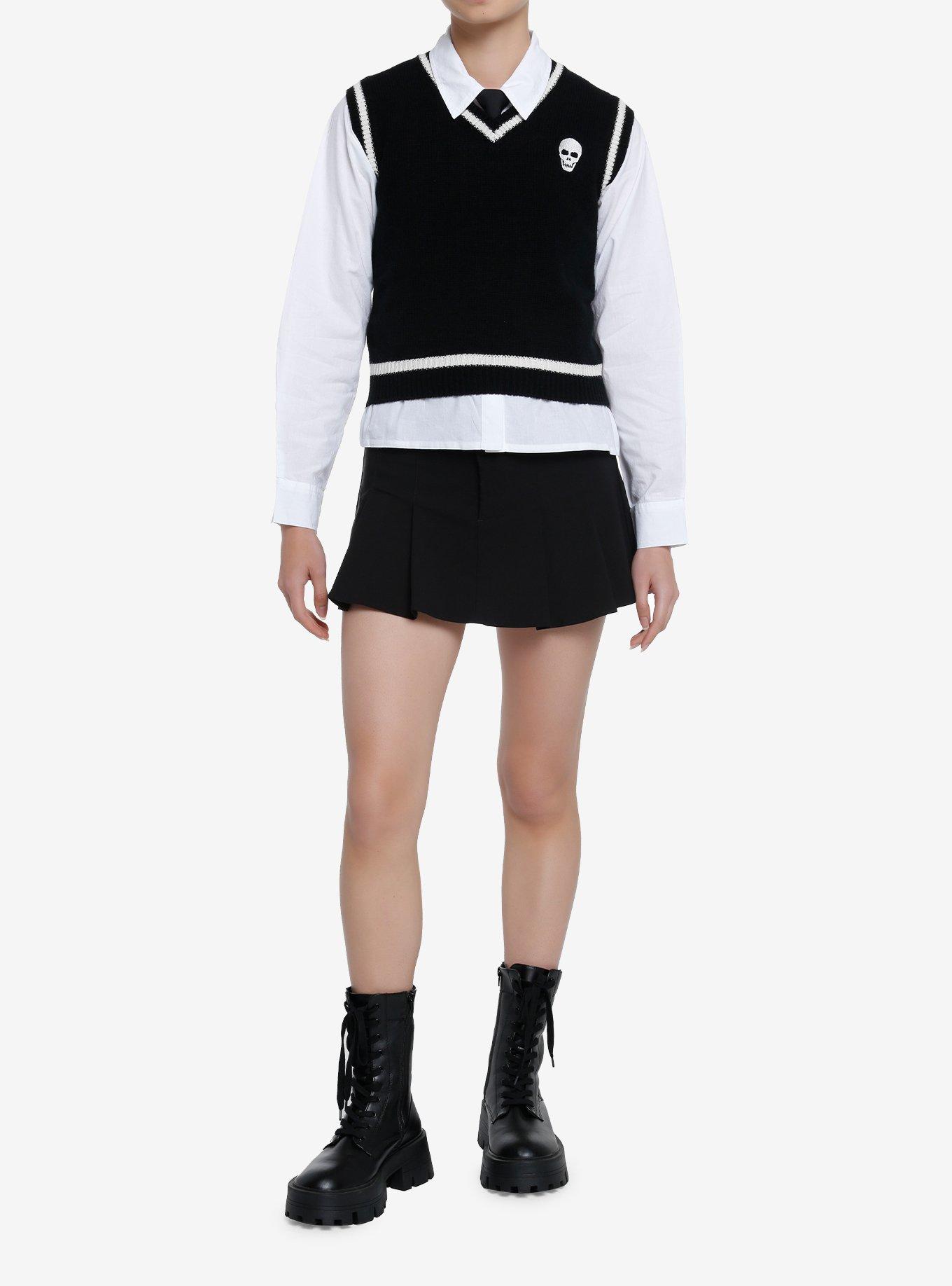 Thorn & Fable Skull Tie Twofer Girls Sweater Vest Shirt, , hi-res