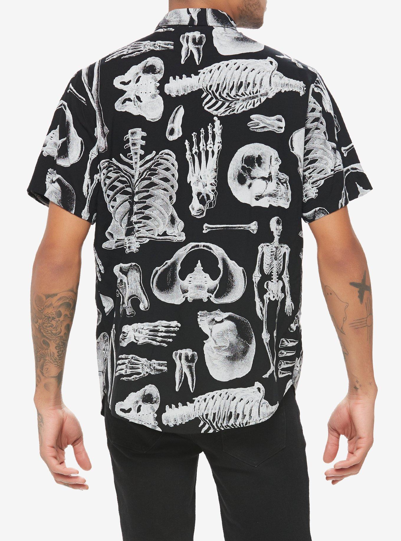 Skeleton Anatomy Allover Print Woven Button-Up, BLACK, alternate