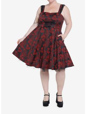 Black & Red Brocade Lace Trim Dress Plus Size, , hi-res