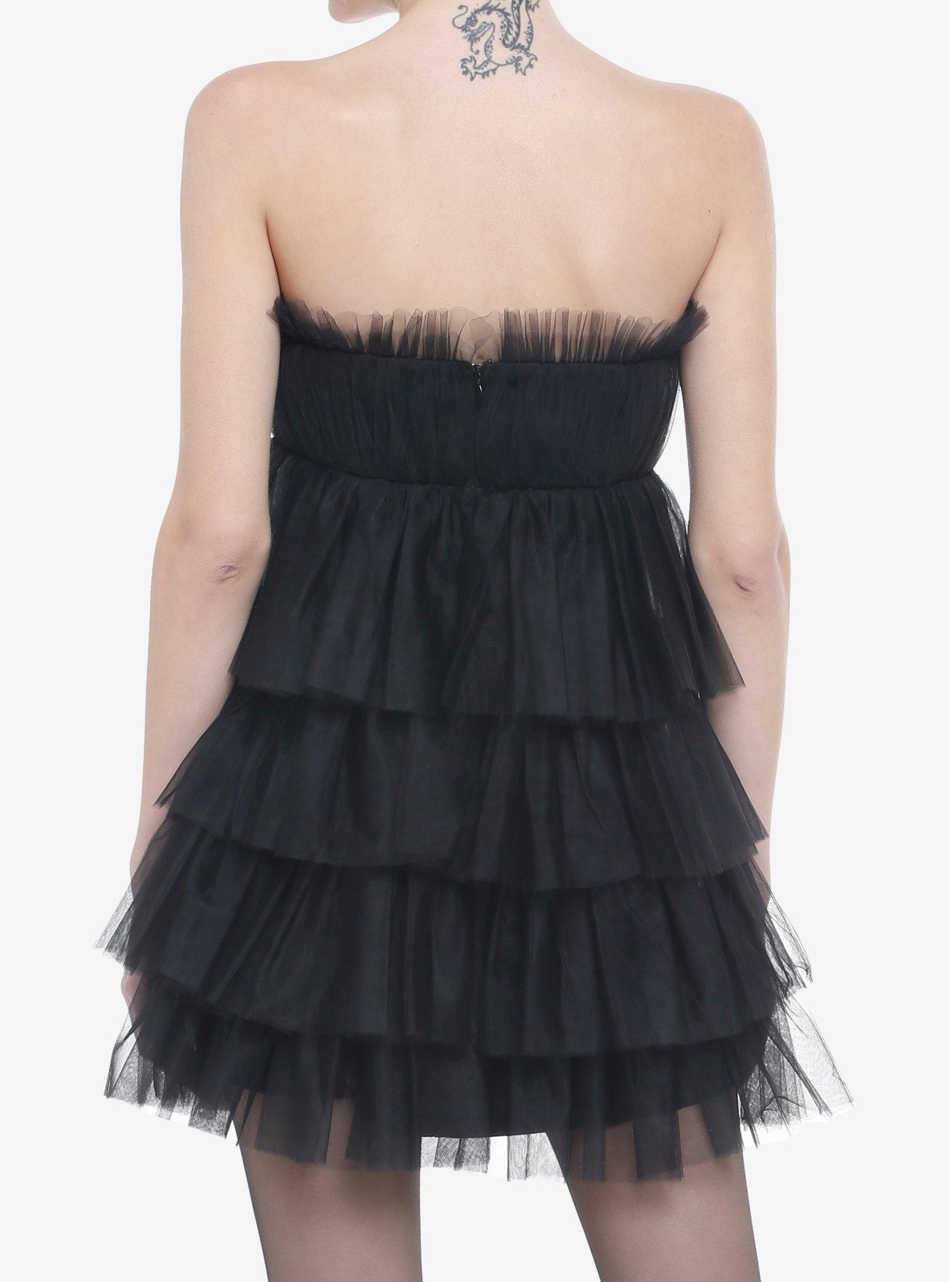 Black Tulle Tiered Strapless Mini Dress, BLACK, alternate
