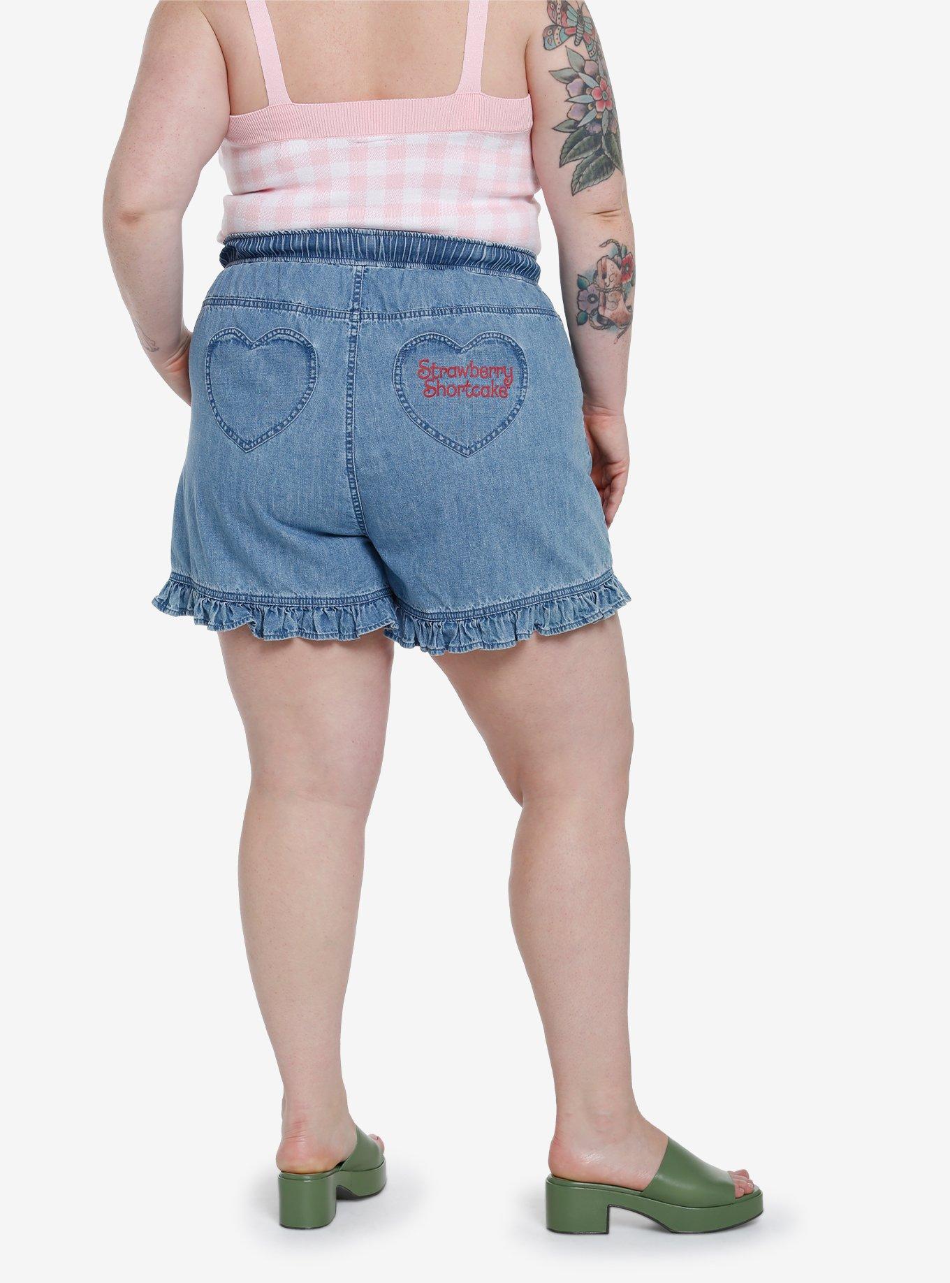 Plus Size Strawberry Shortcake Denim Ruffle Mom Shorts Plus Size, , hi-res