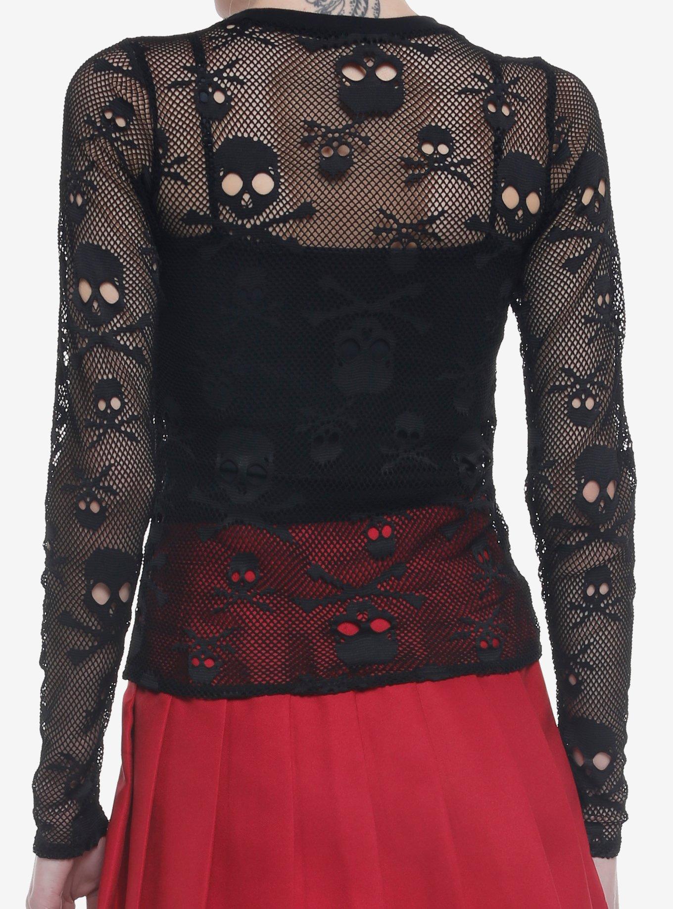 Skull & Crossbones Mesh Girls Long-Sleeve Top, BLACK, alternate