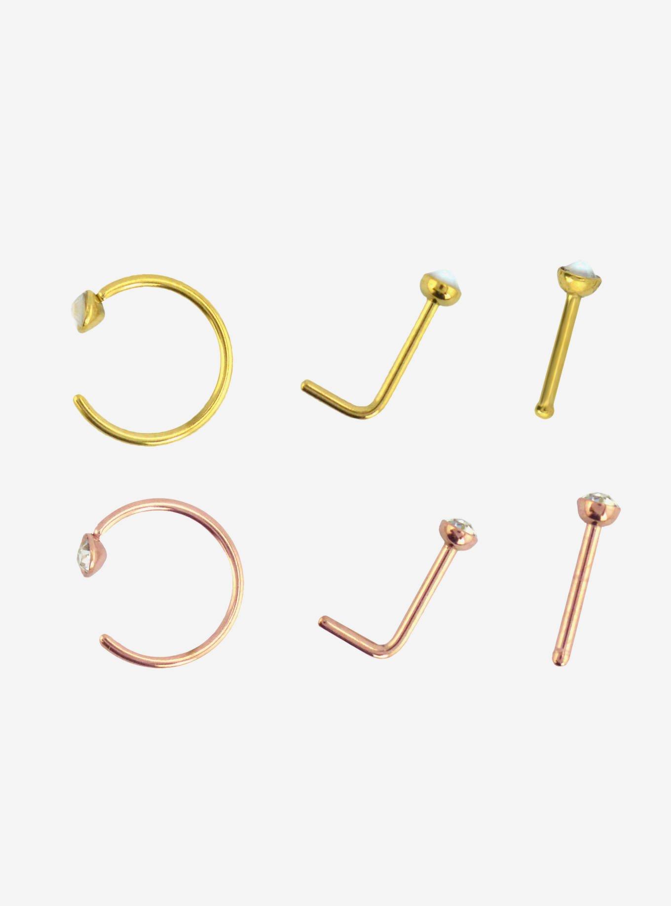 20G Steel Gem Opal Nose Stud & Hoop 6 Pack, GOLD, alternate