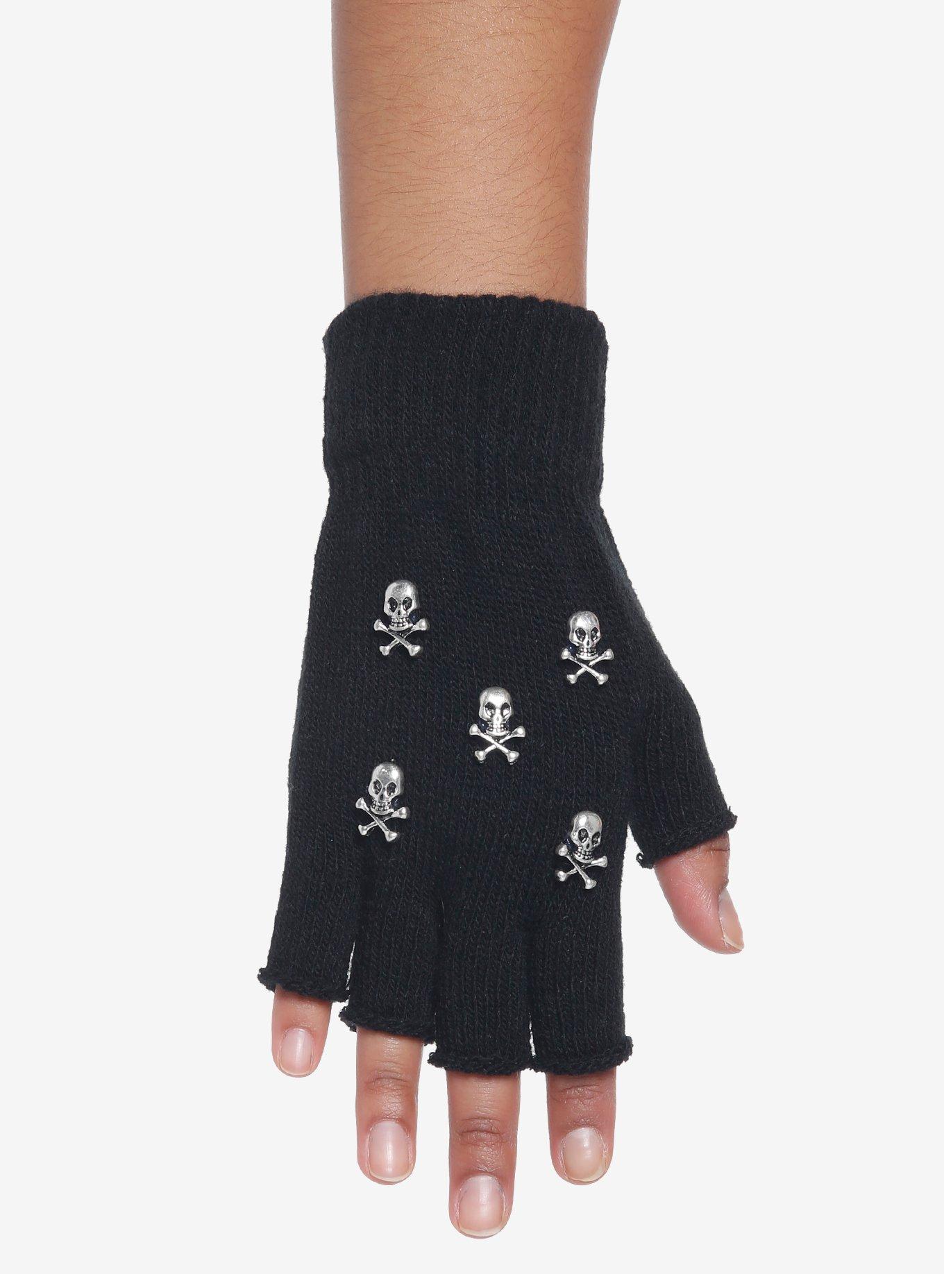 Black Skull & Crossbones Fingerless Gloves, , alternate