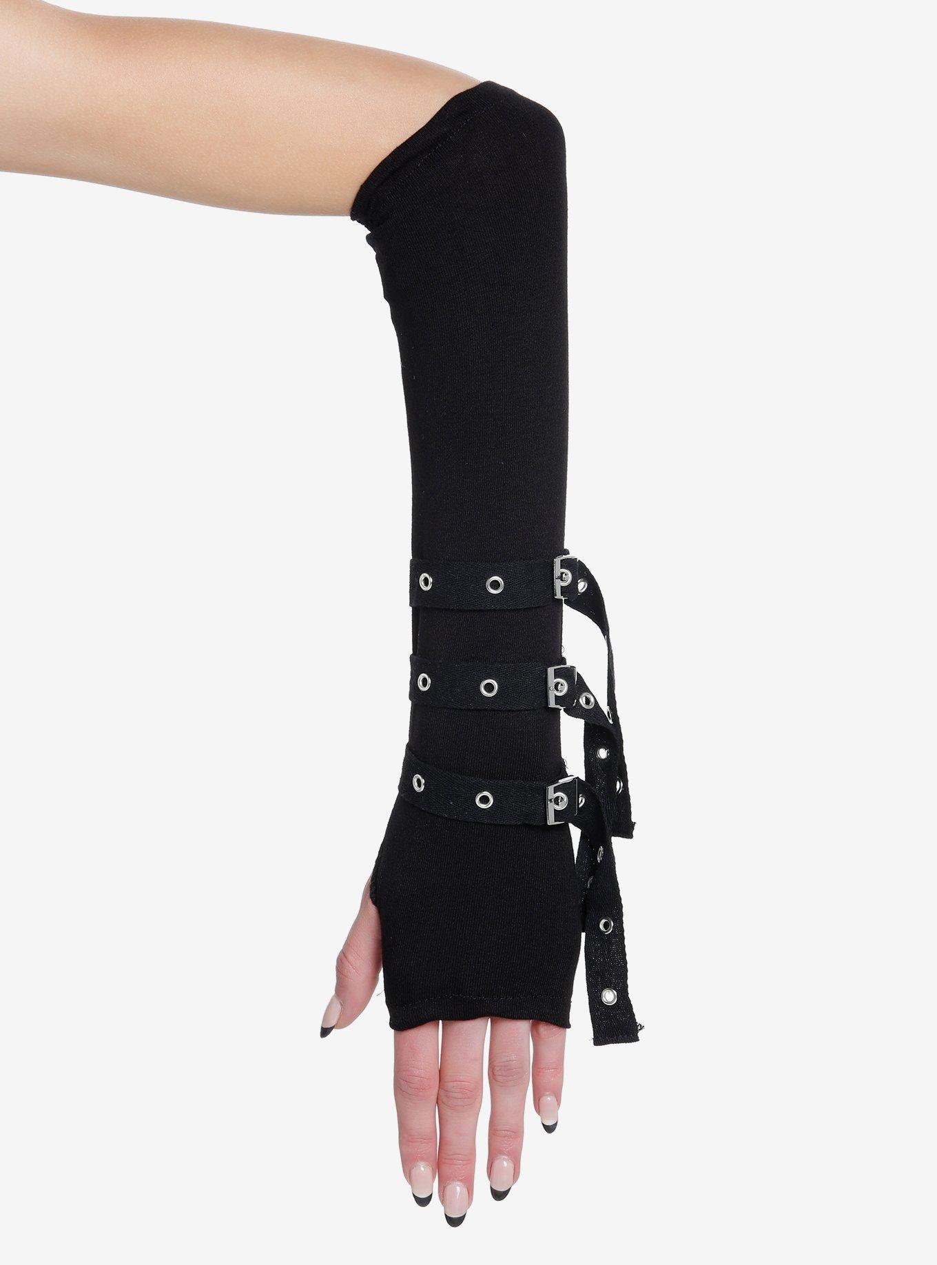 Black Grommet Strappy Arm Warmers, , alternate