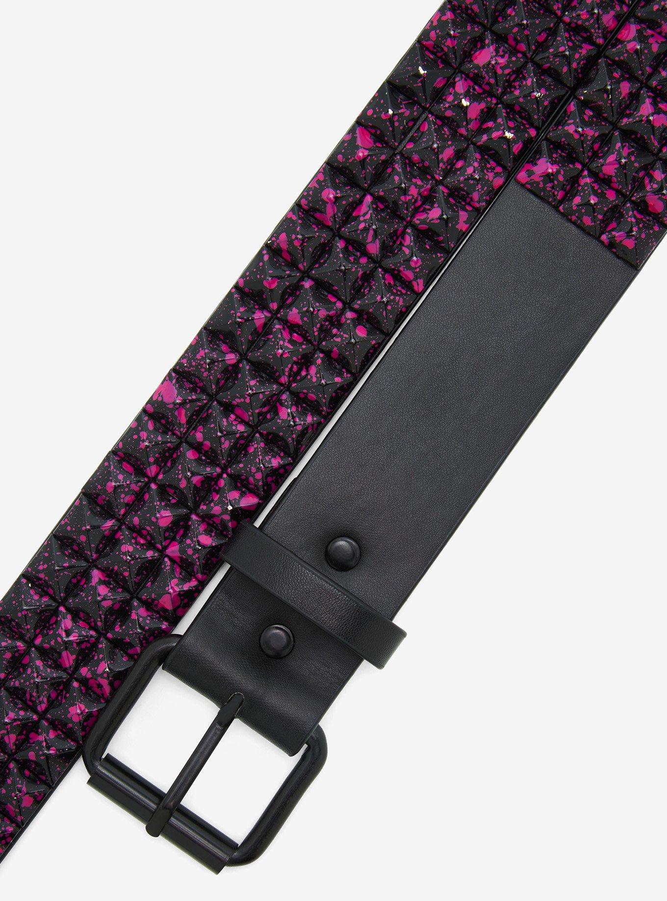 Black & Pink Splatter Three Row Pyramid Stud Belt, MULTI, alternate