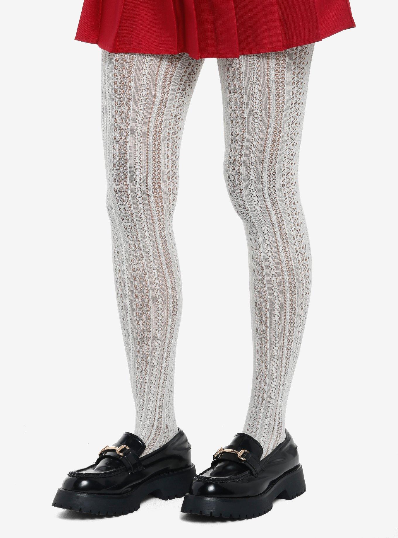 White Crochet Knit Tights, , alternate