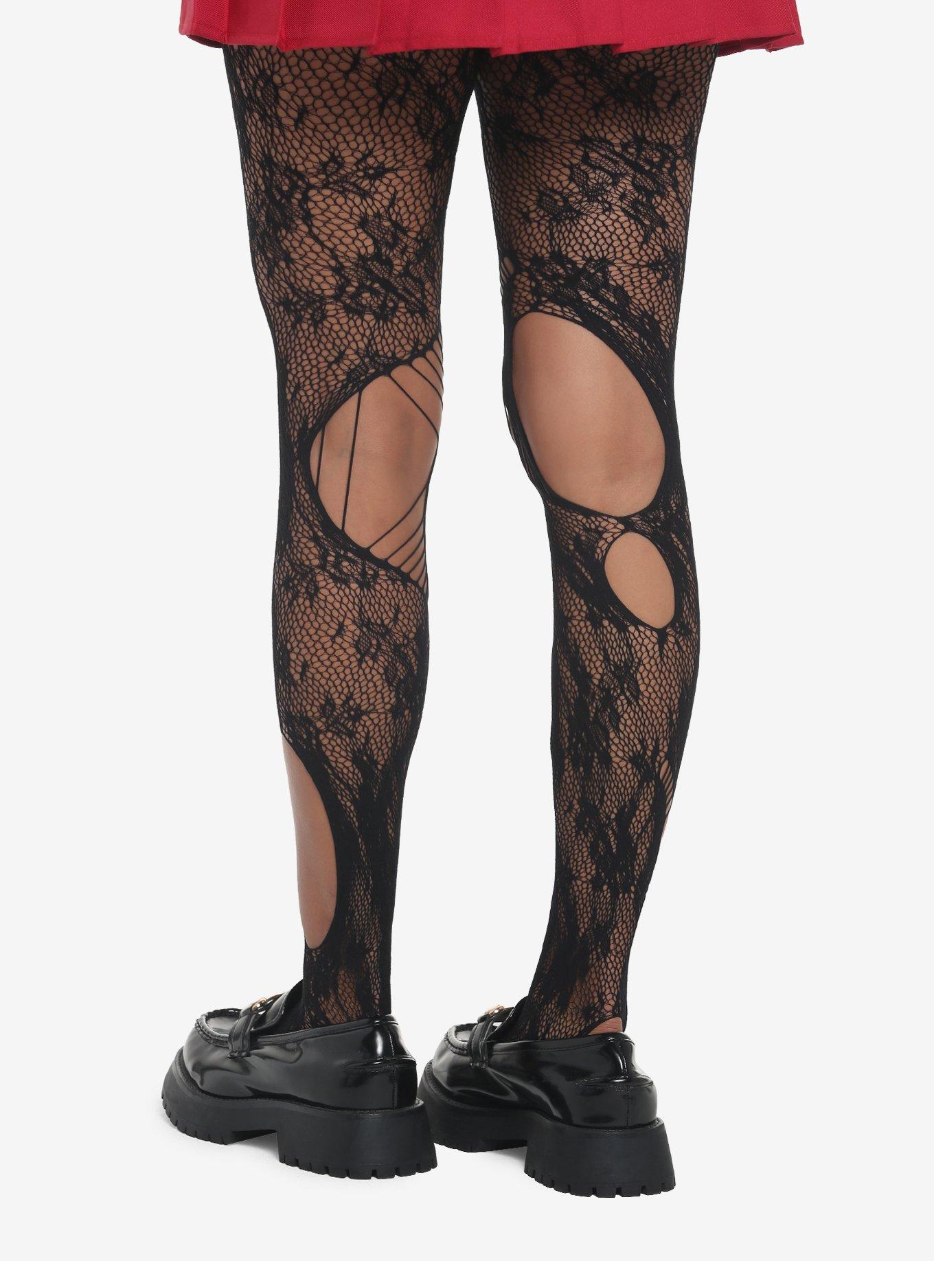Black Floral Lace Distressed Tights, , alternate