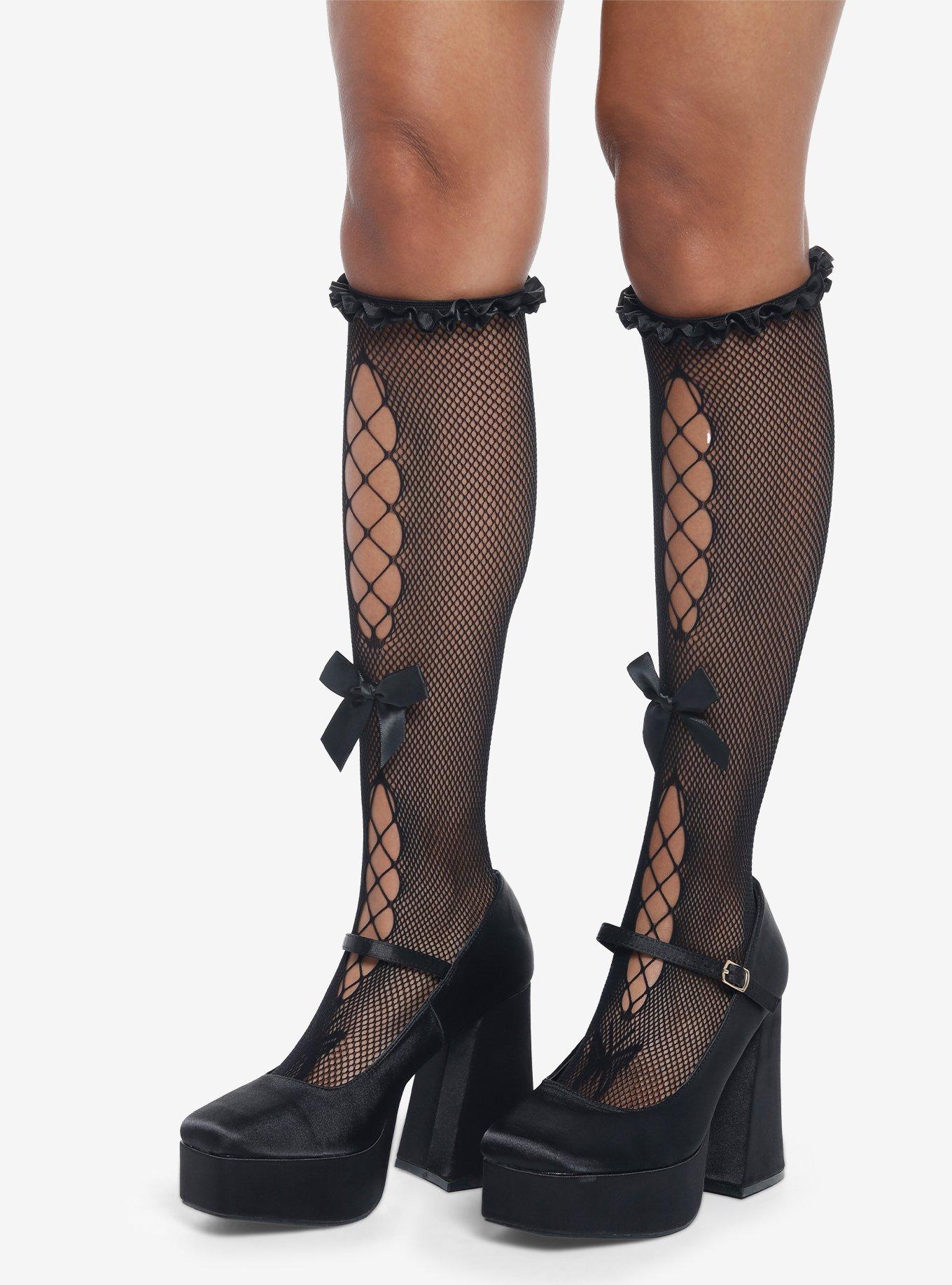 Black Fishnet Bows & Ruffles Thigh-Highs, , alternate