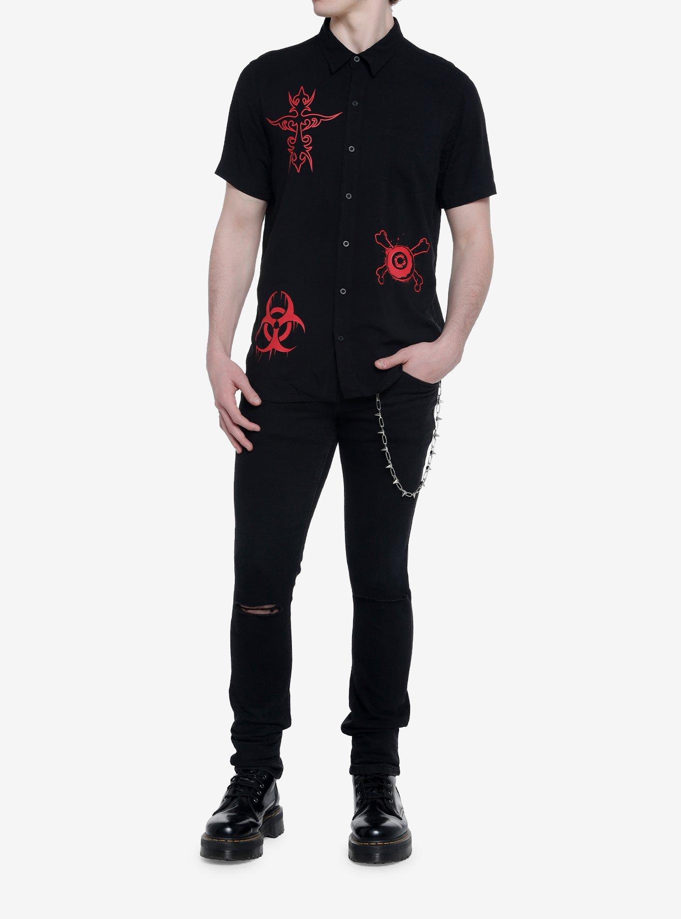 Red Death Symbols Woven Button-Up, BLACK  RED, alternate