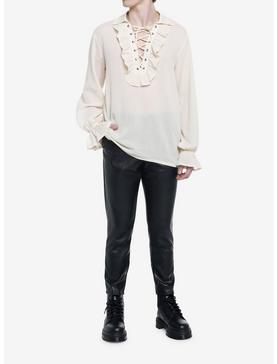 Social Collision Ivory Ruffled Lace-Up Long-Sleeve Woven Top, , hi-res