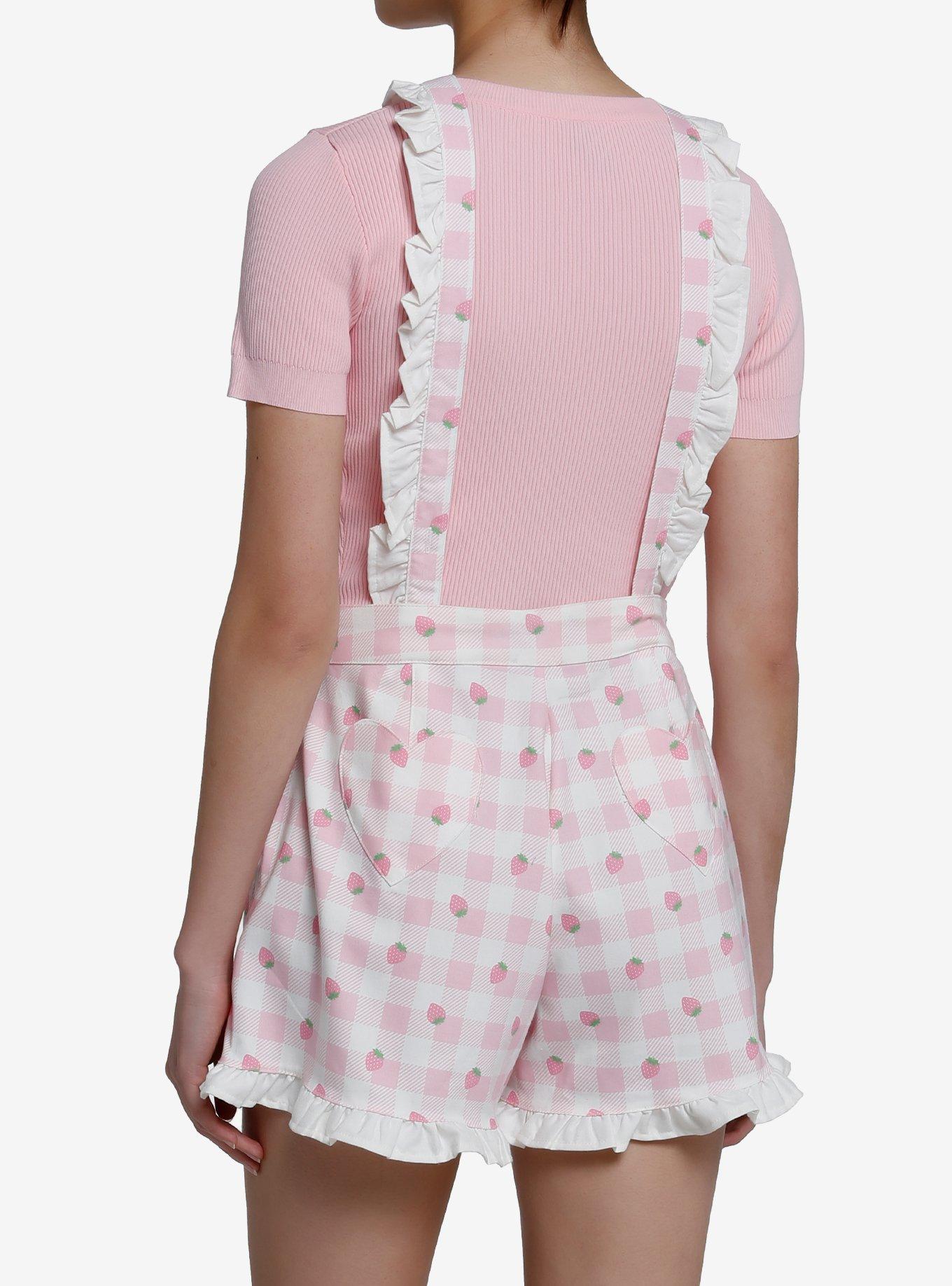 Sweet Society Strawberry Gingham Ruffle Shortalls, PINK, alternate