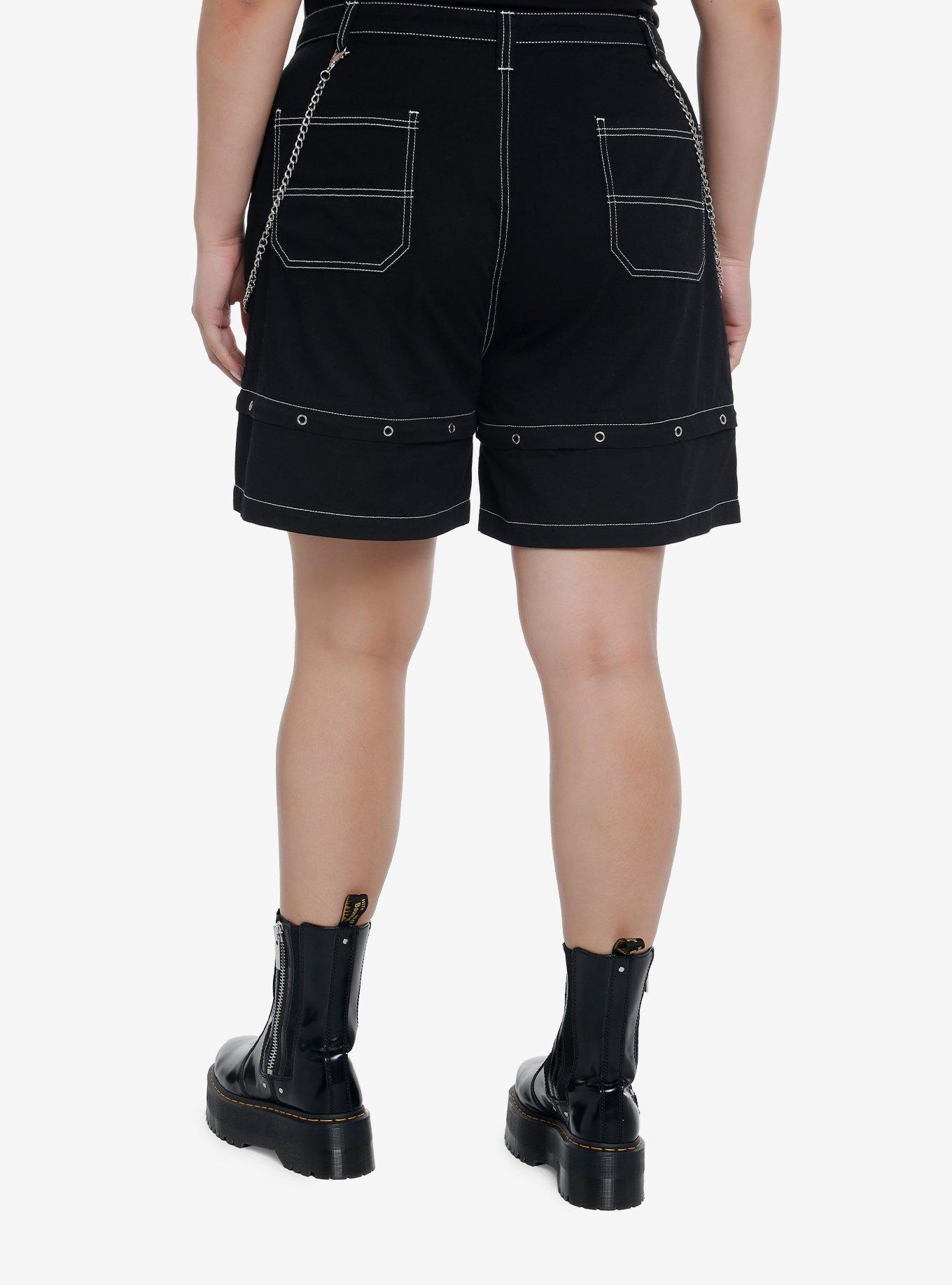 Black Grommets & Chains Girls Carpenter Shorts Plus Size, BLACK, alternate