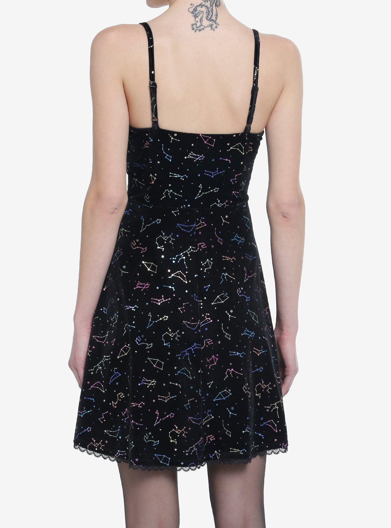 Cosmic Aura Rainbow Constellations Velvet Skater Dress, BLACK, alternate