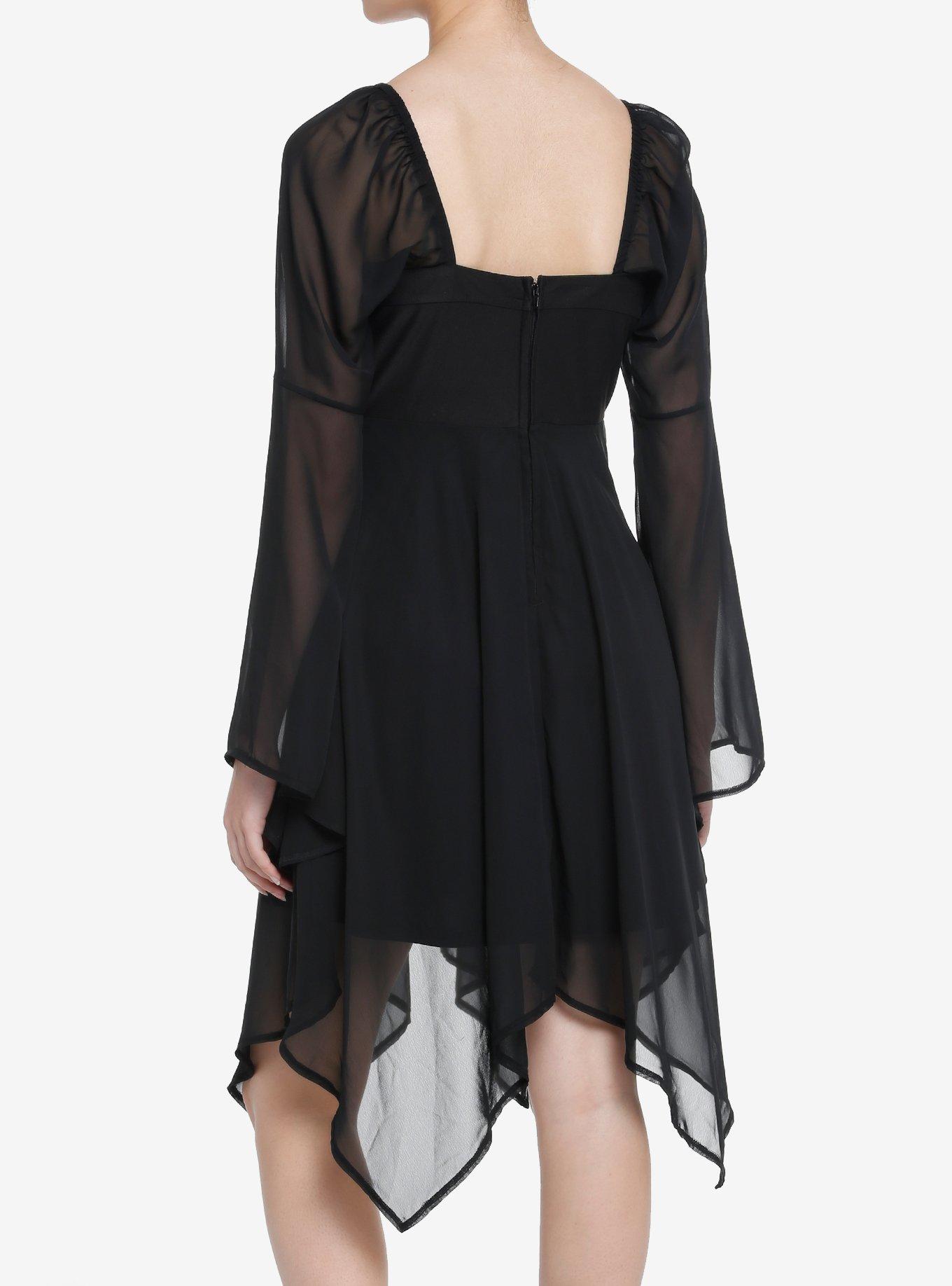 Cosmic Aura Black Lace-Up Bell Sleeve Dress, BLACK, alternate