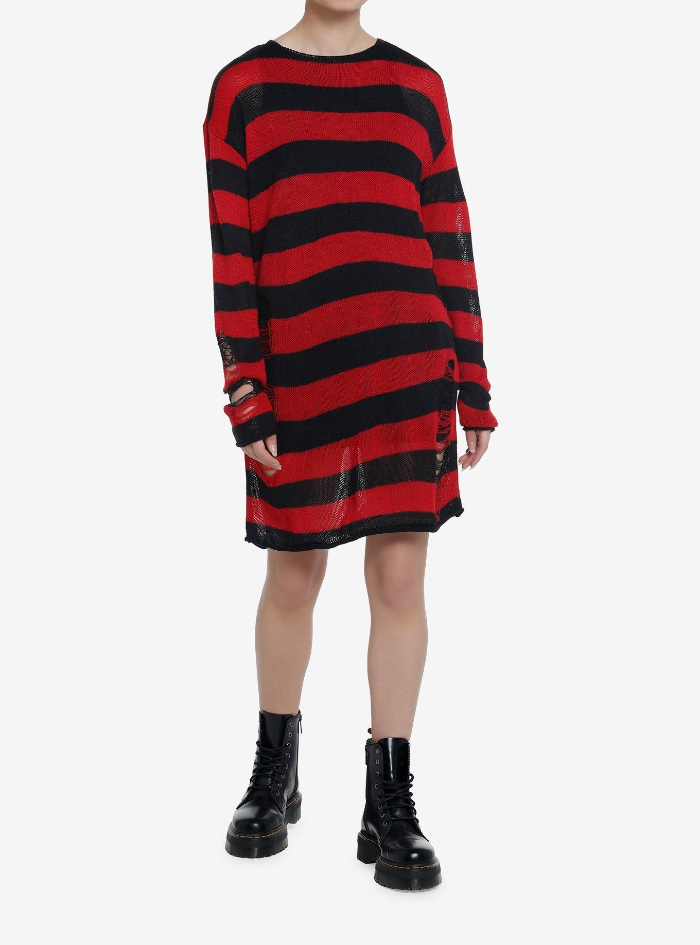 Social Collision Red & Black Distressed Sweater Dress, STRIPES - RED, alternate