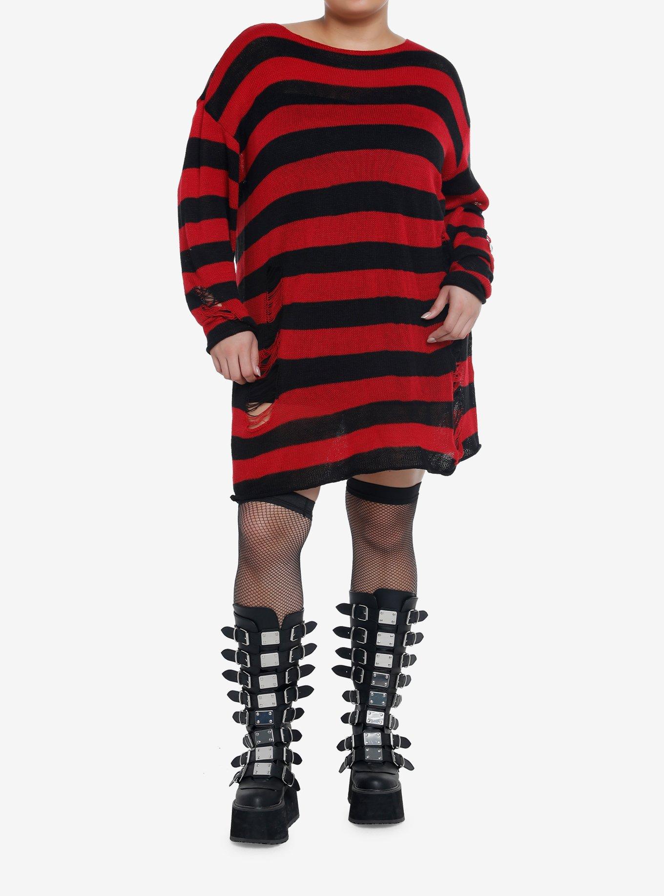 Social Collision Red & Black Distressed Sweater Dress Plus Size, , hi-res