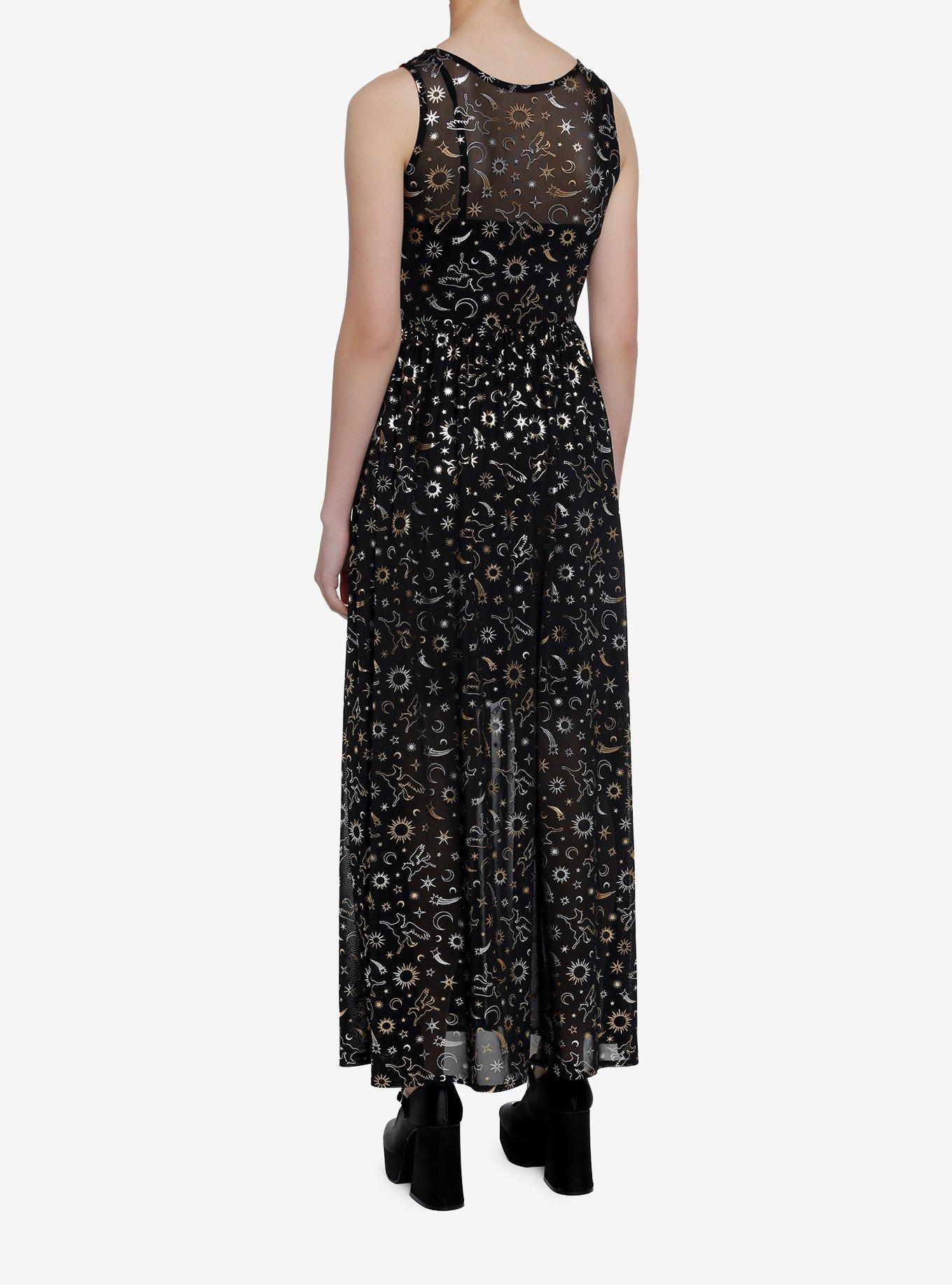 Cosmic Aura Astrology Foil Mesh Maxi Dress, BLACK, alternate