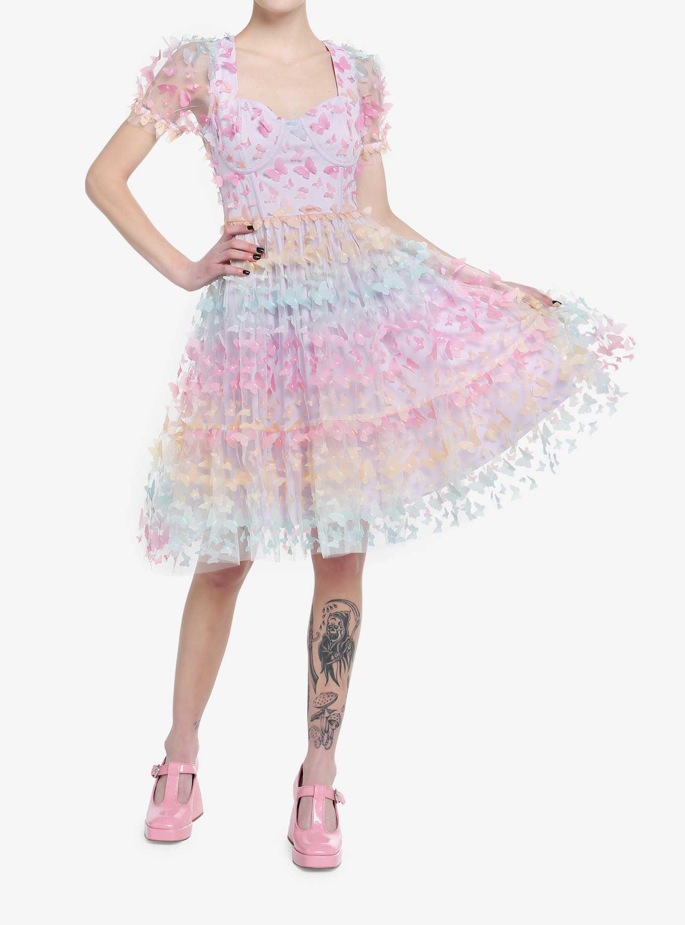 Sweet Society Pastel Butterfly Mesh Puff Sleeve Dress, , hi-res