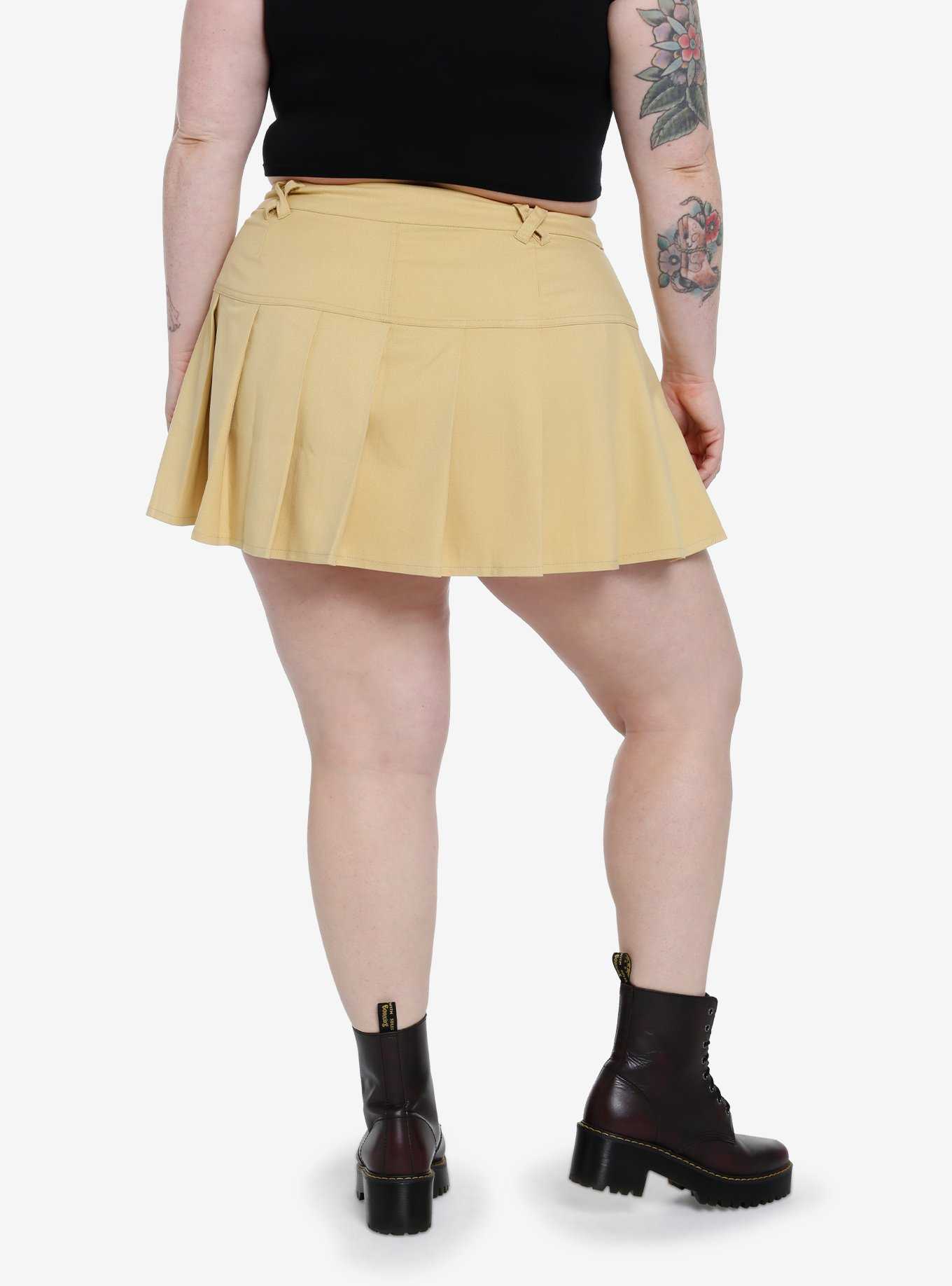 Khaki Pleated Mini Skirt Plus Size, , hi-res