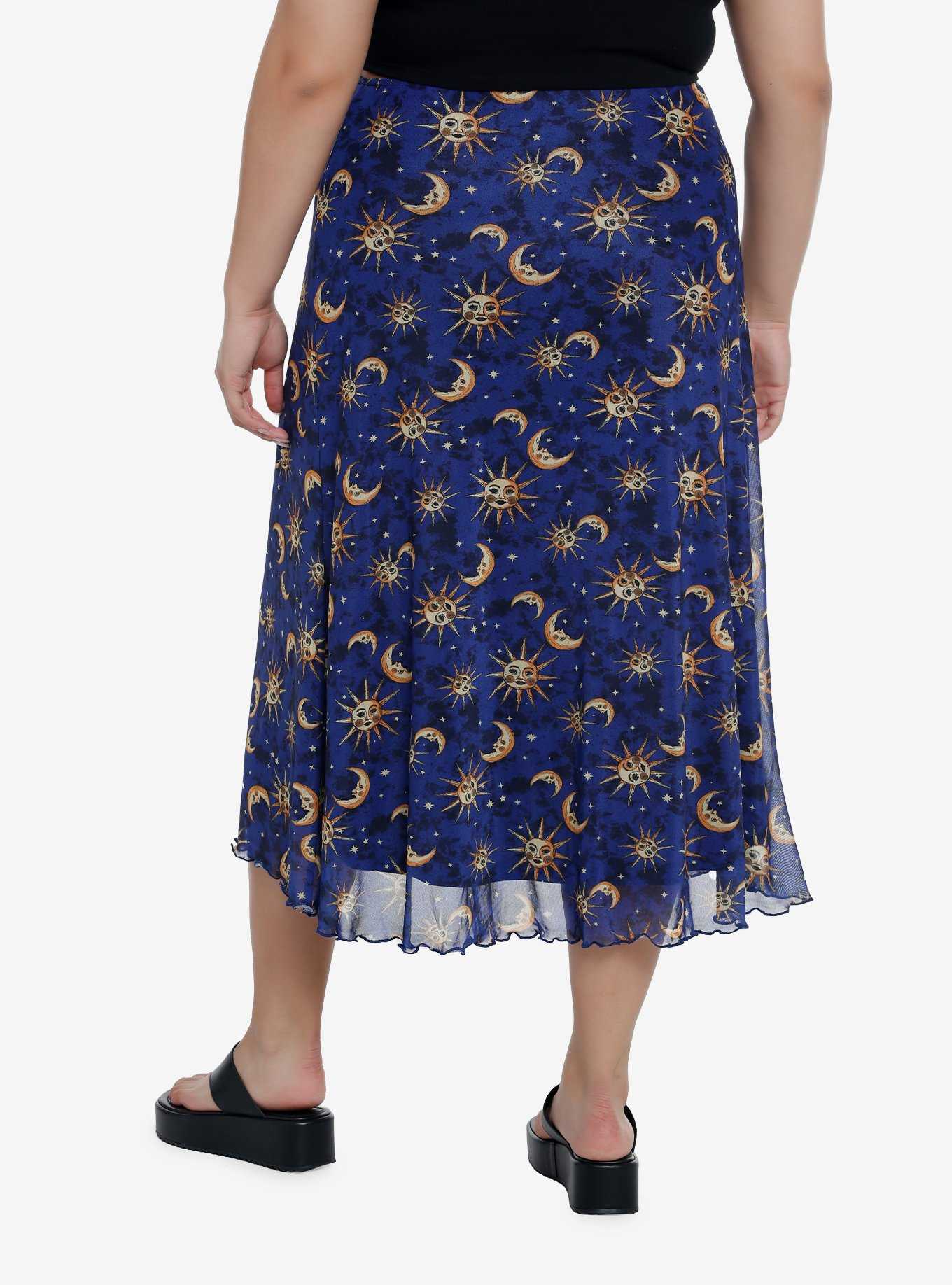 Cosmic Aura Blue Celestial Midi Skirt Plus Size, , hi-res