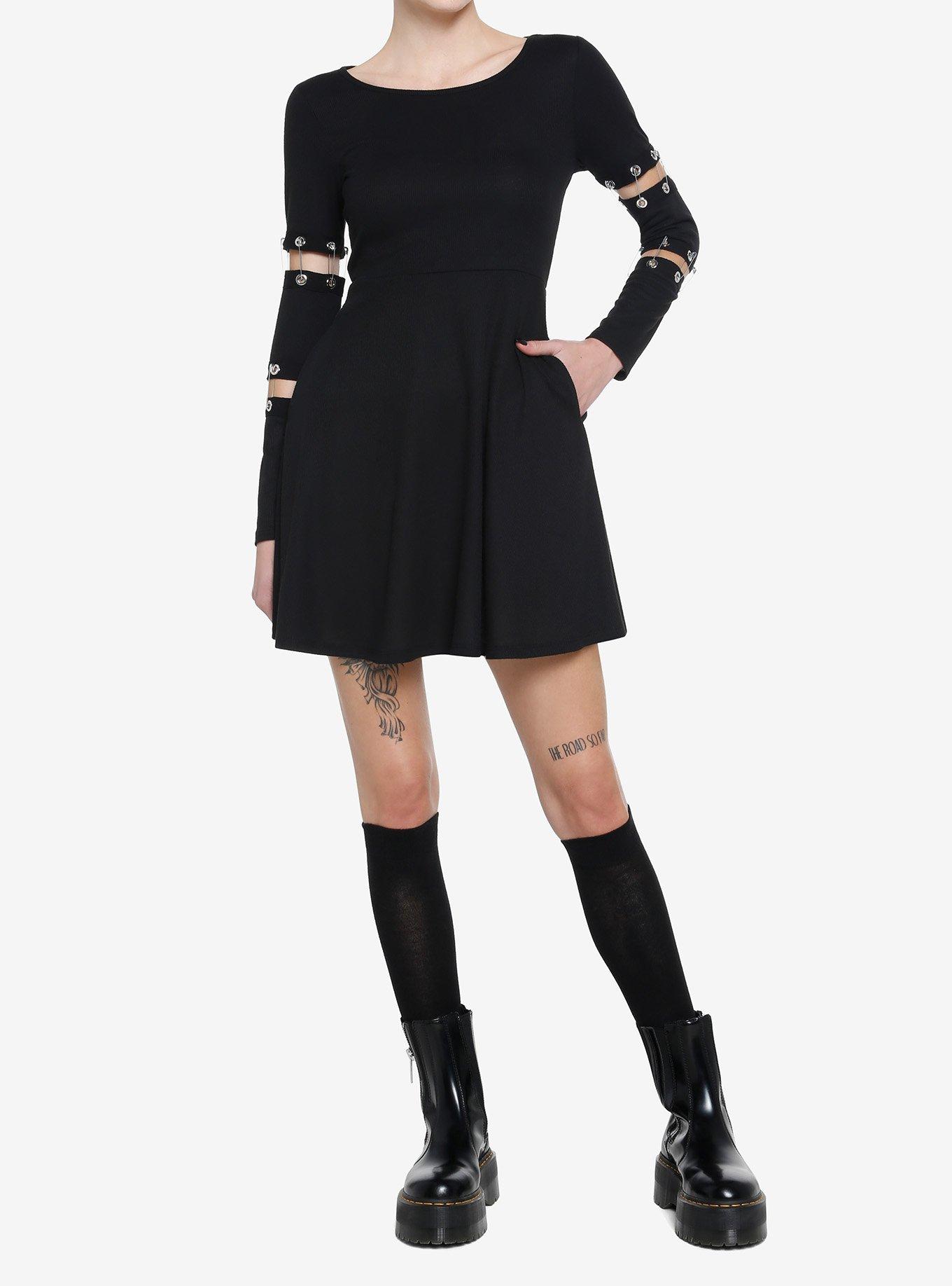 Social Collision Black Grommet Safety Pin Skater Dress, BLACK, alternate