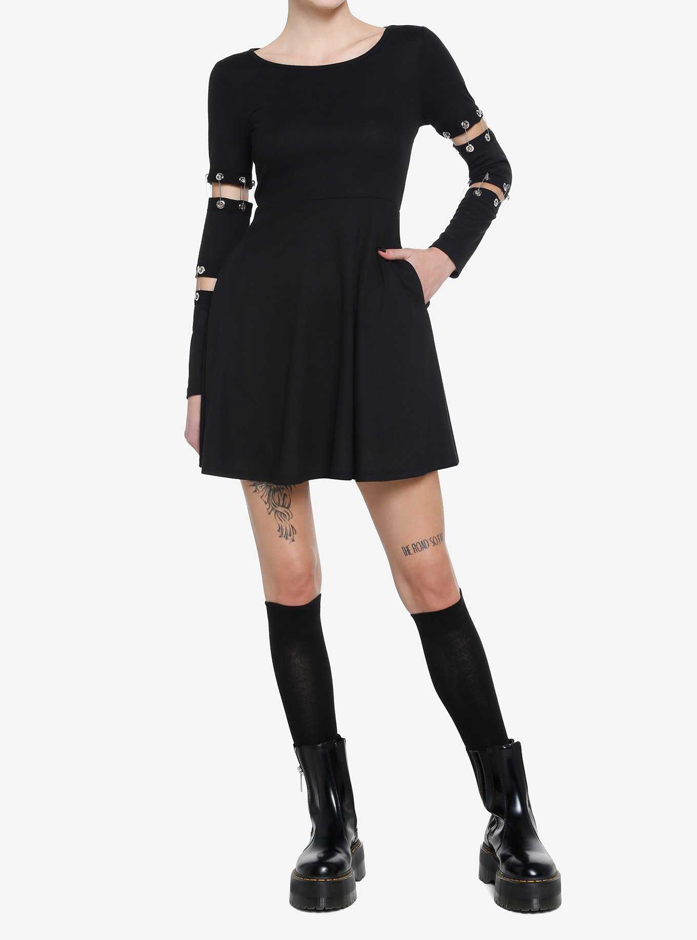 Social Collision Black Grommet Safety Pin Skater Dress, , hi-res