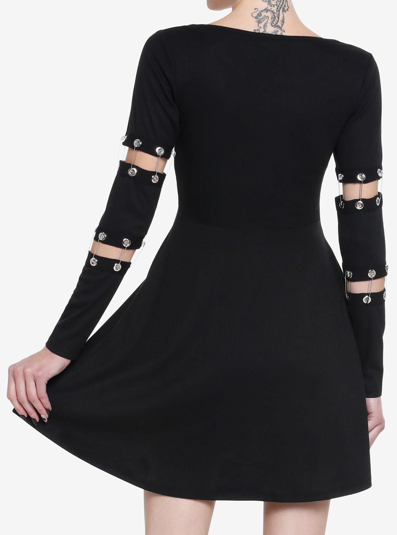 Social Collision Black Grommet Safety Pin Skater Dress, BLACK, alternate