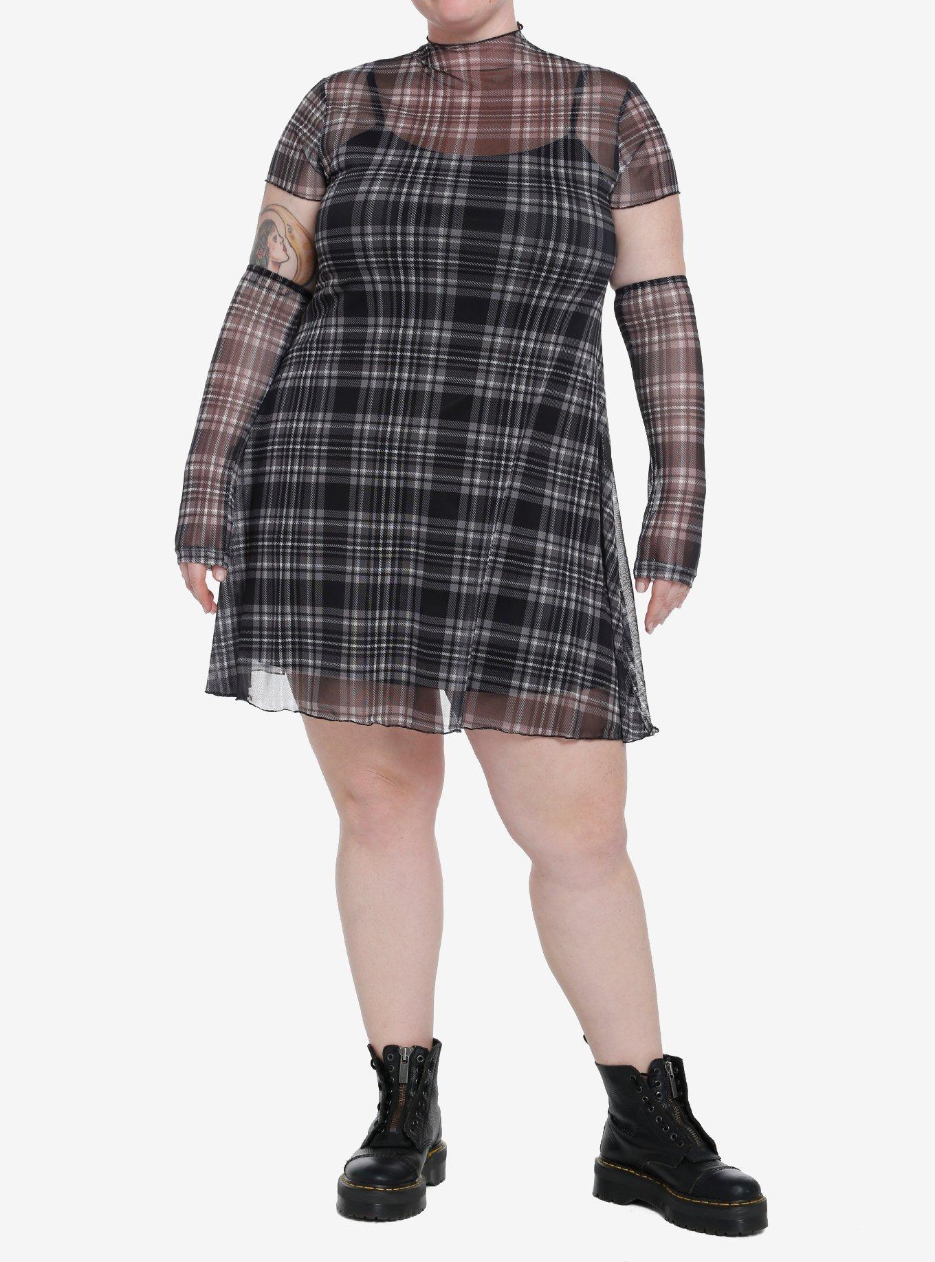 Social Collision Black & Gray Mesh Dress With Arm Warmers Plus Size, , hi-res